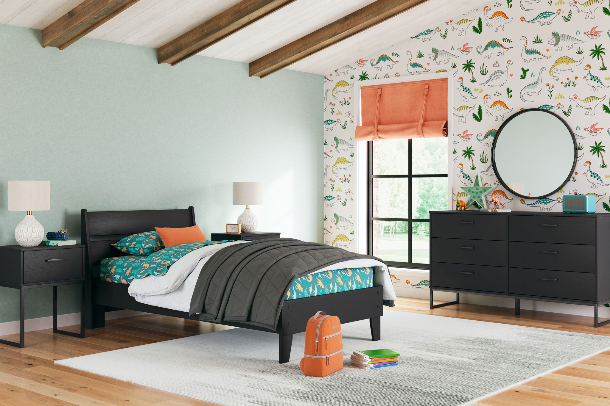 Bedroom set with dark bed frame, matching dresser and nightstands