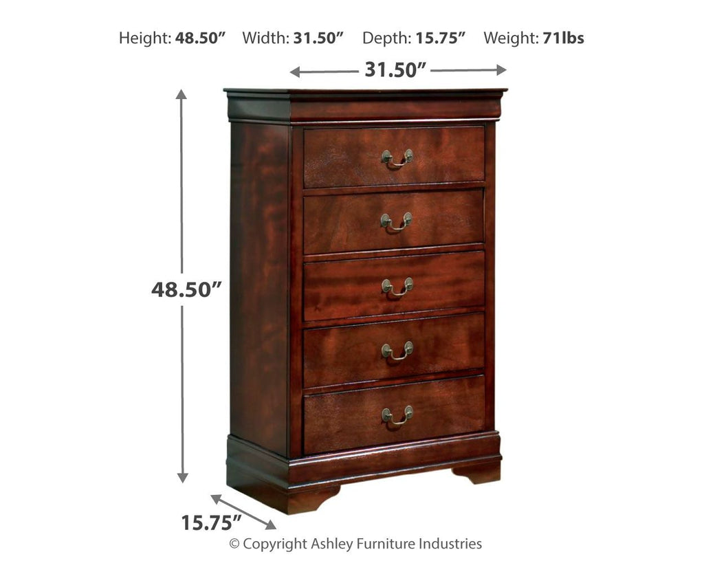 Reddish brown wooden chest with four drawers and curved metal pulls, flat top