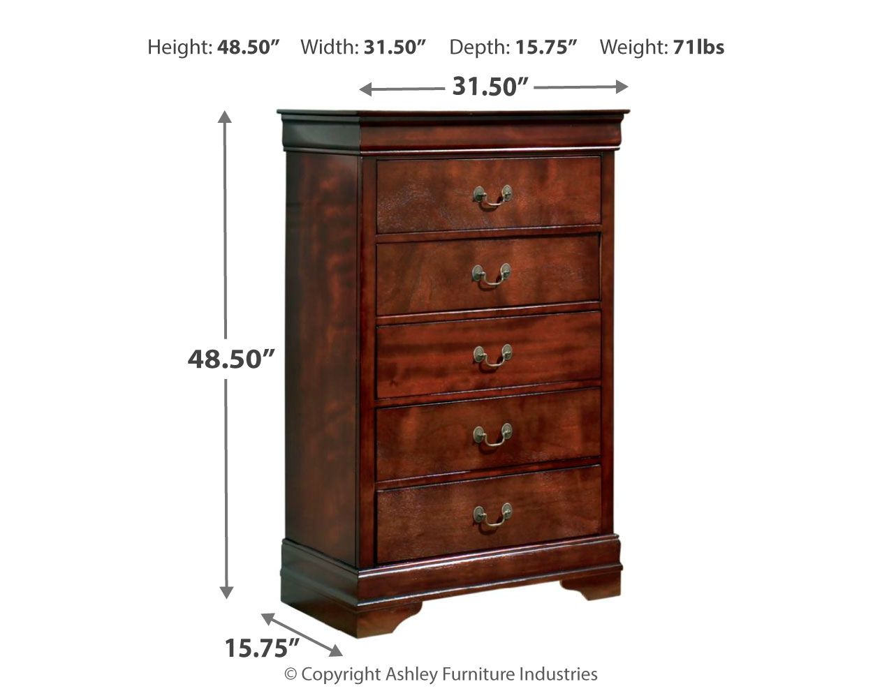 Reddish brown wooden chest with four drawers and curved metal pulls, flat top