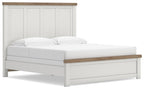 White panel bed with slatted headboard and matching footboard, wood trim.