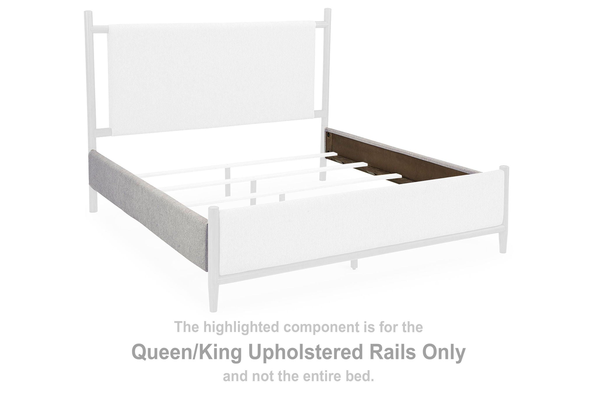 Gray upholstered queen/king bed rails with white frame posts