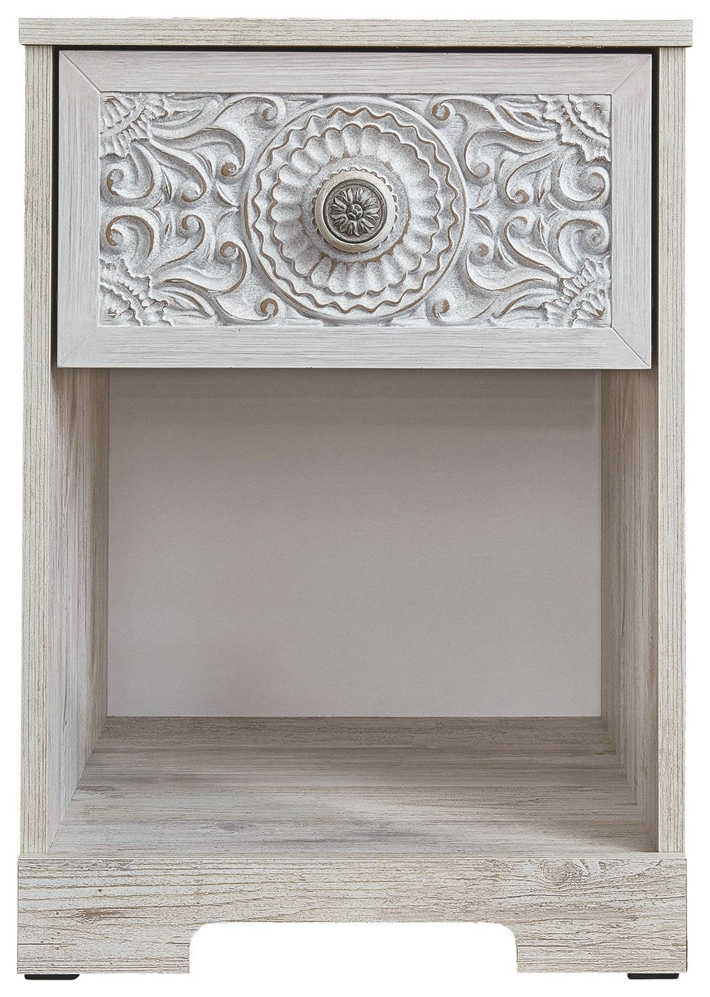 Whitewash night stand with carved metal-look medallion on drawer front and open base