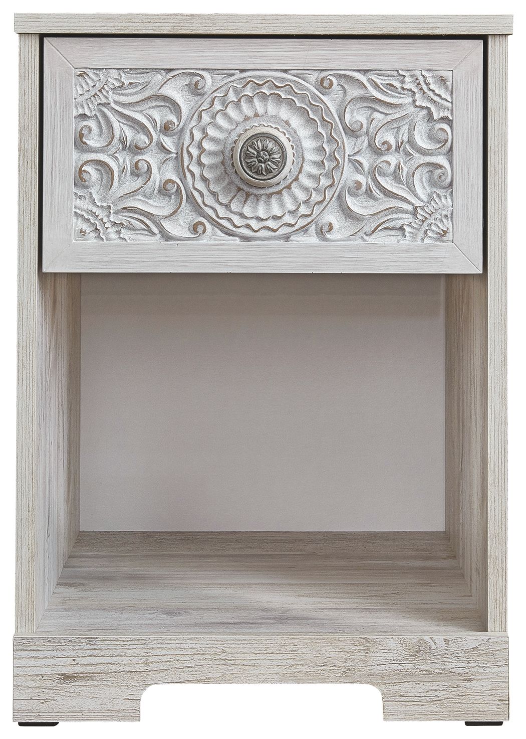 Whitewash night stand with carved metal-look medallion on drawer front and open base