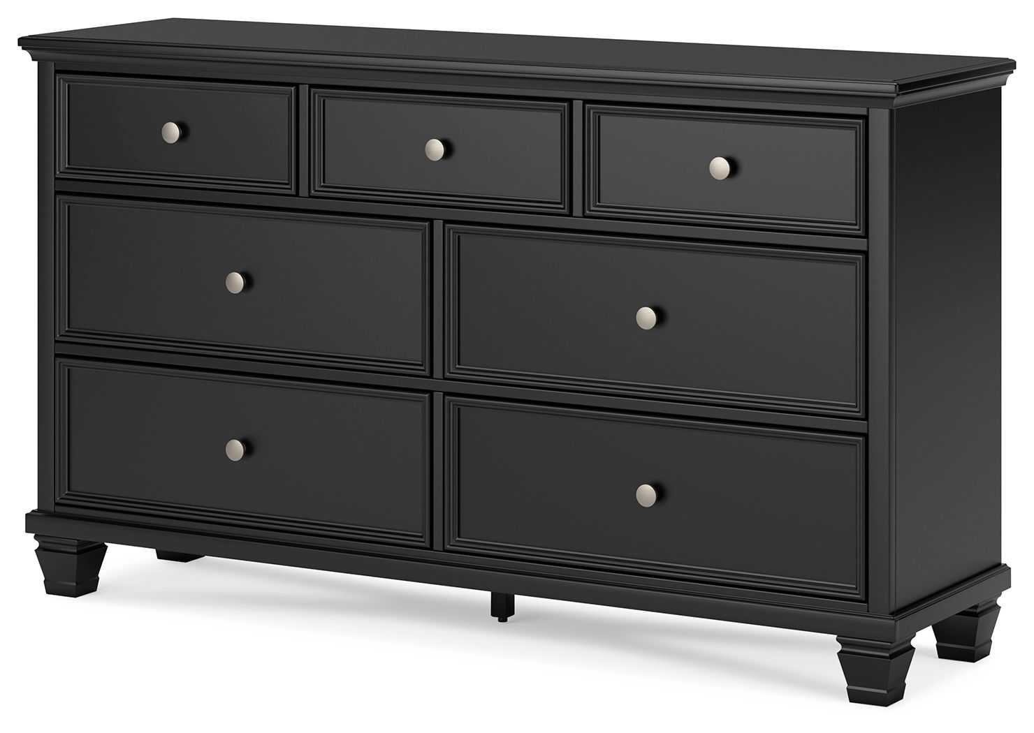 Black dresser with six drawers and round silver knobs, rectangular frame, tapered feet