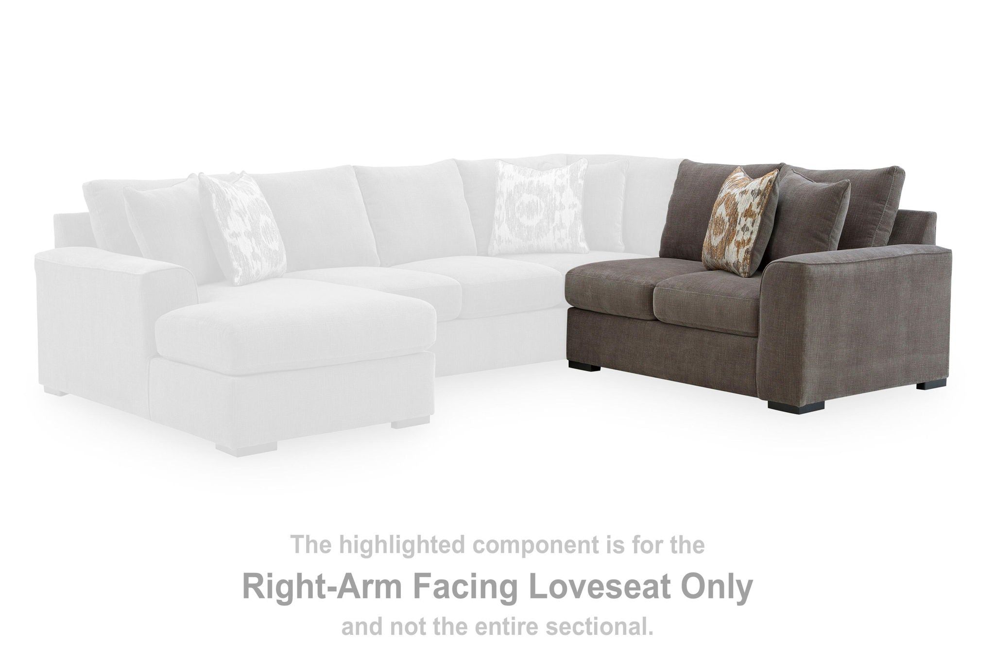Gray right-arm loveseat in corner seating, styled with patterned and solid throw pillows.