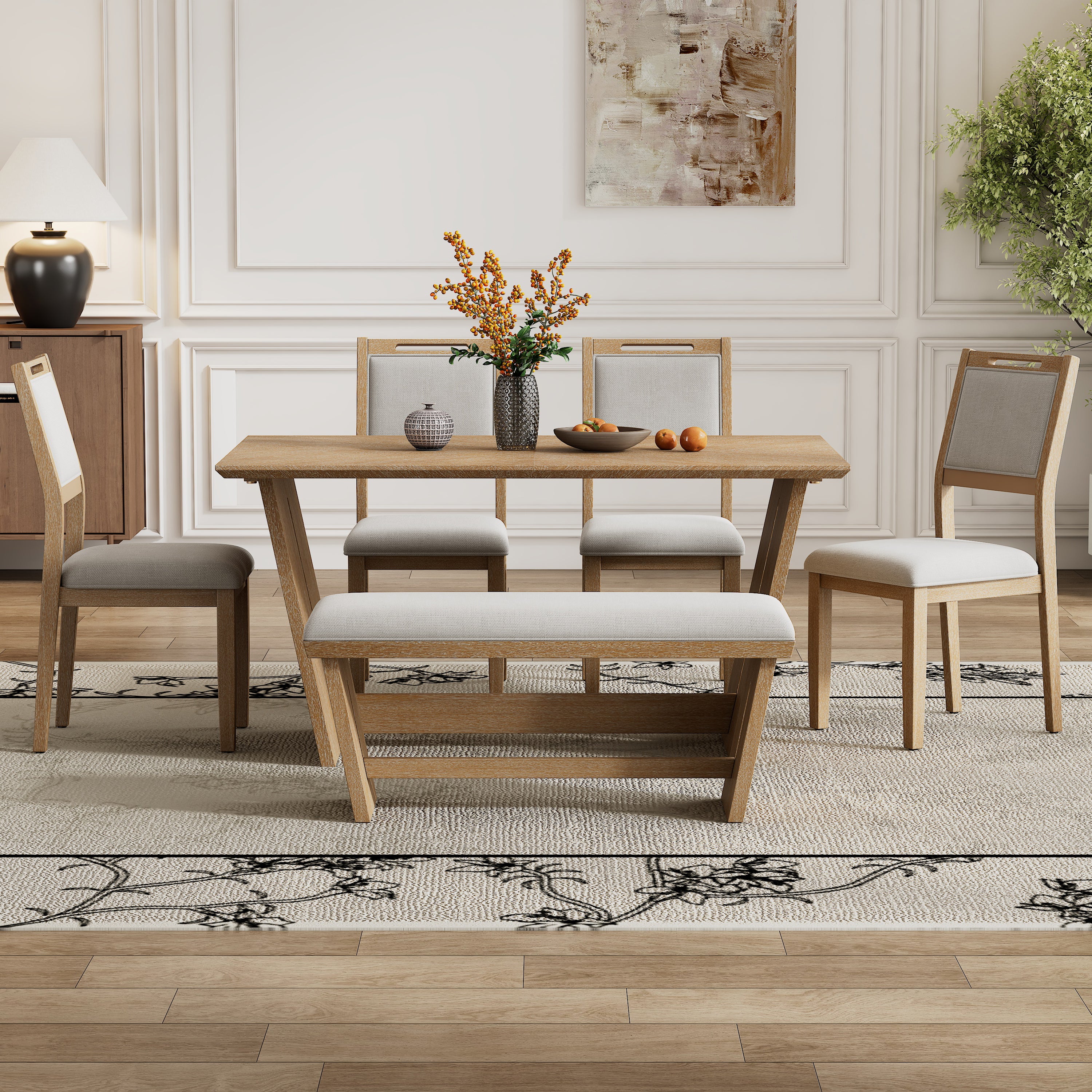 6-Pc Retro Dining Set w/ Bench - Natural Wood