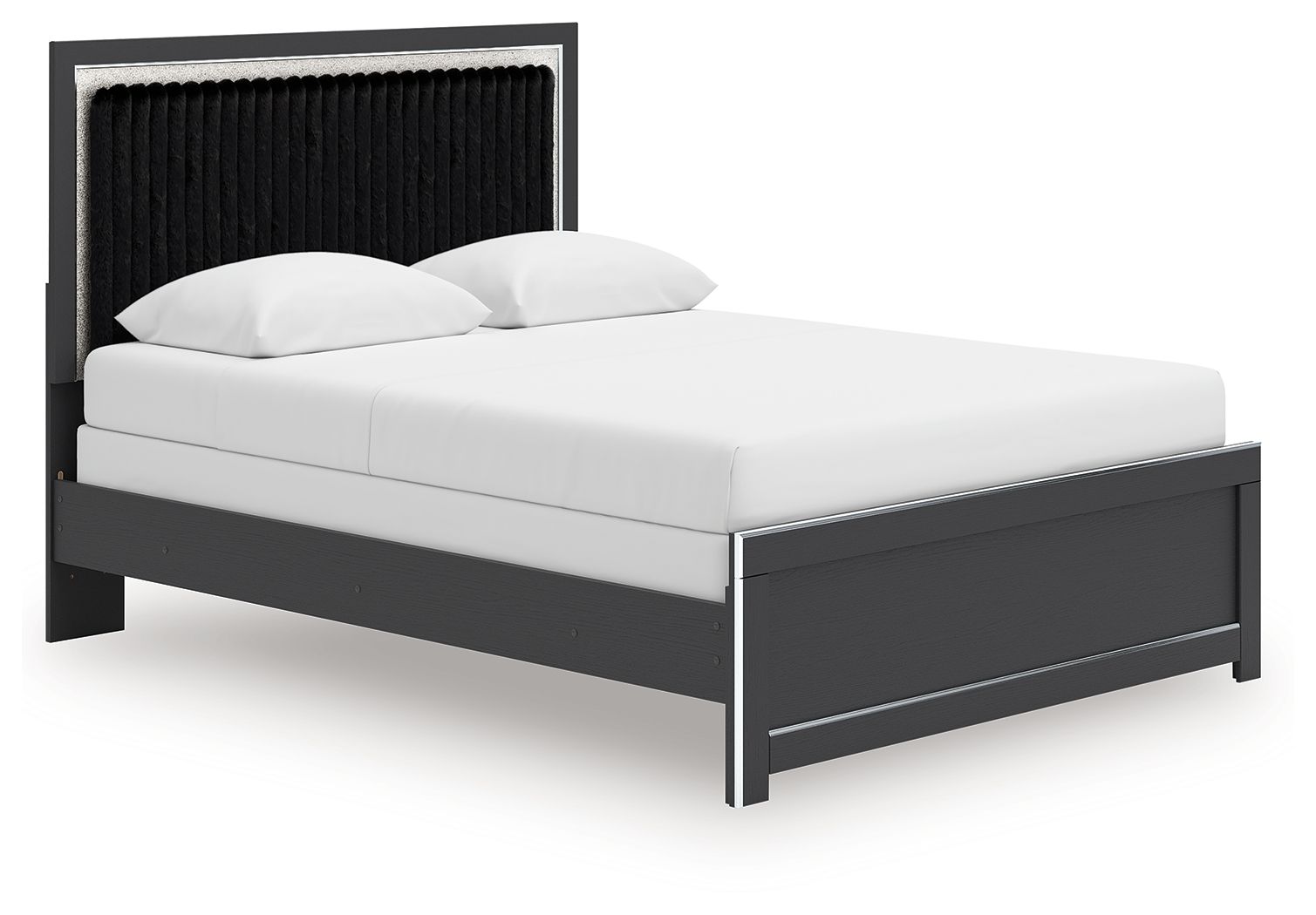 Black upholstered panel bed with vertical channel headboard and two white pillows