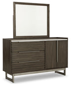 Grayish-brown wood dresser with mirror, slatted drawers and side cabinet doors