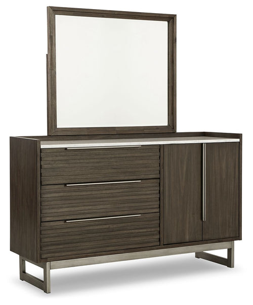 Dark brown dresser with square mirror and three drawer fronts, two cabinet doors