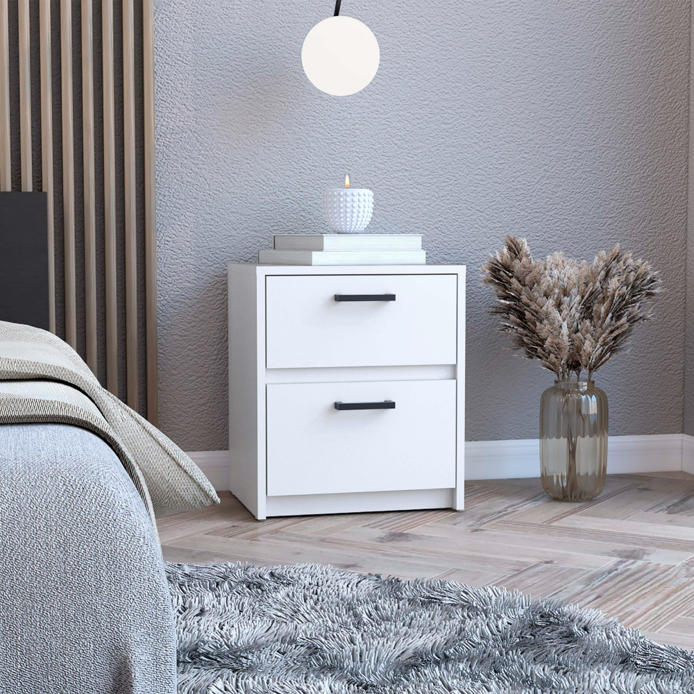 Trivor White 2-Drawer Nightstand | End Table with Metal Handles