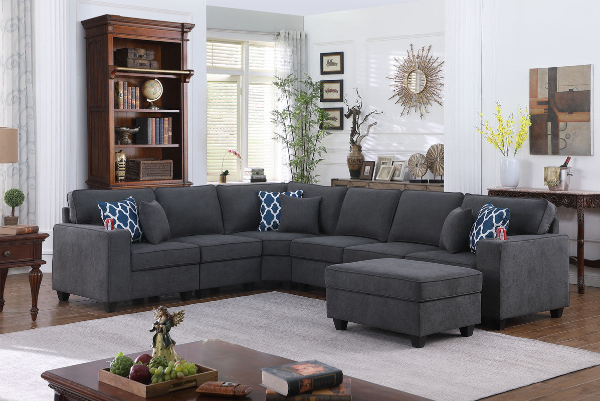 Stone Gray 7Pc Reversible L-Shape Sectional Sofa Ottoman