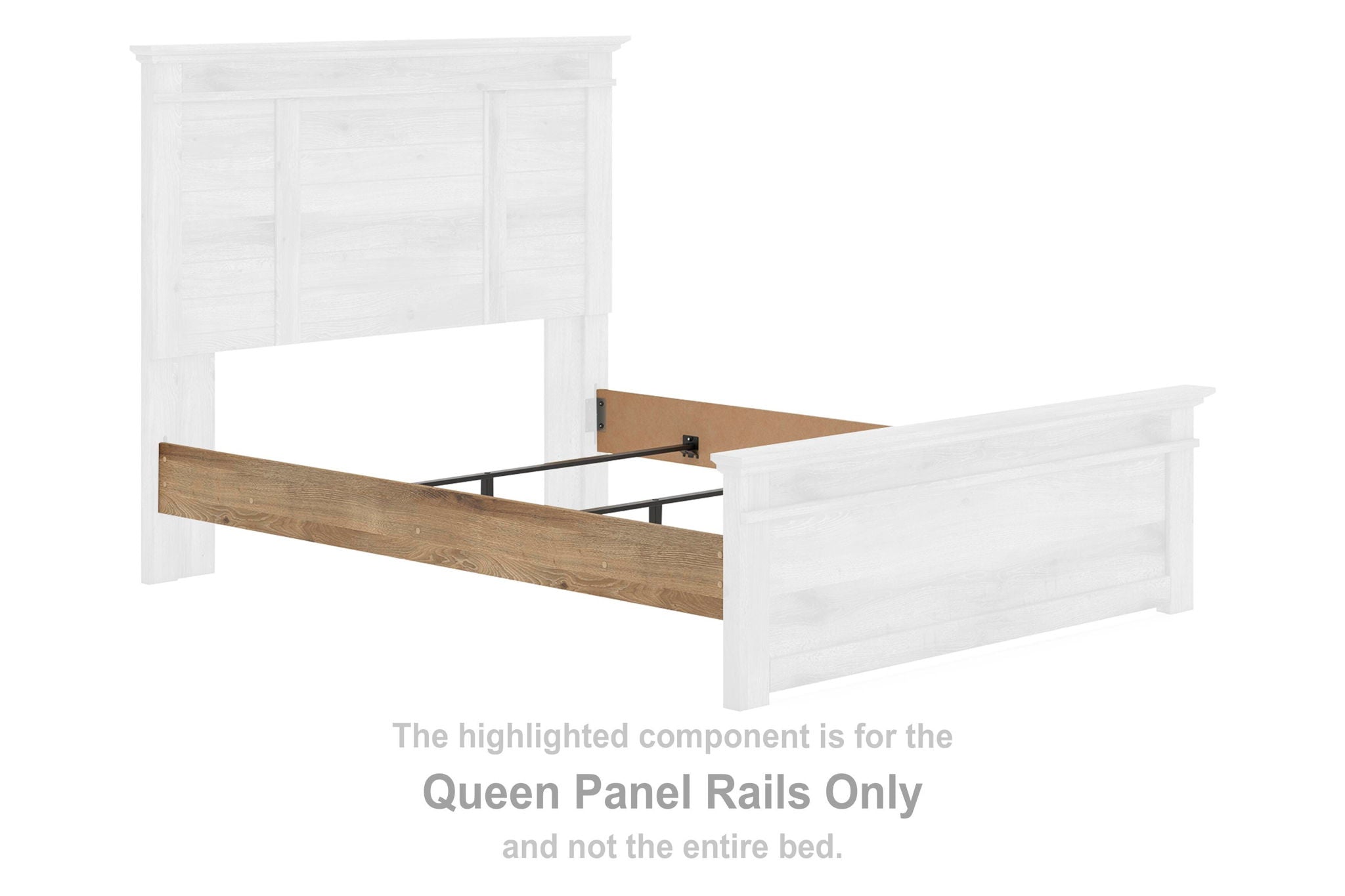 Makidern queen panel rails in tan wood with white panel boards attached