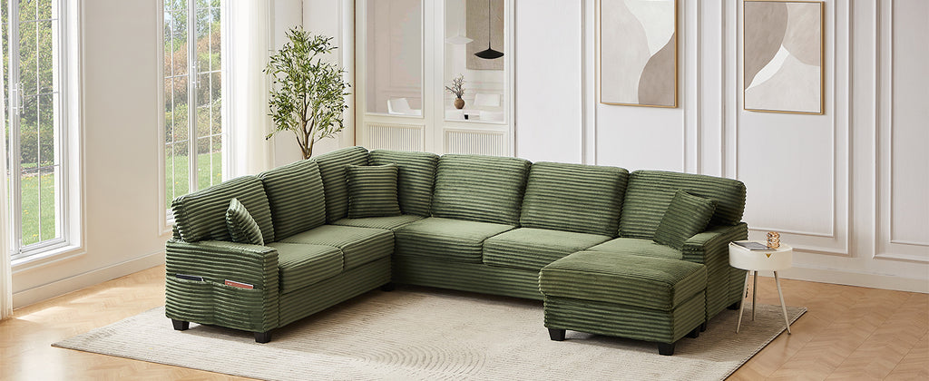 Green corduroy U-shaped sectional with matching ottoman and squared armrests