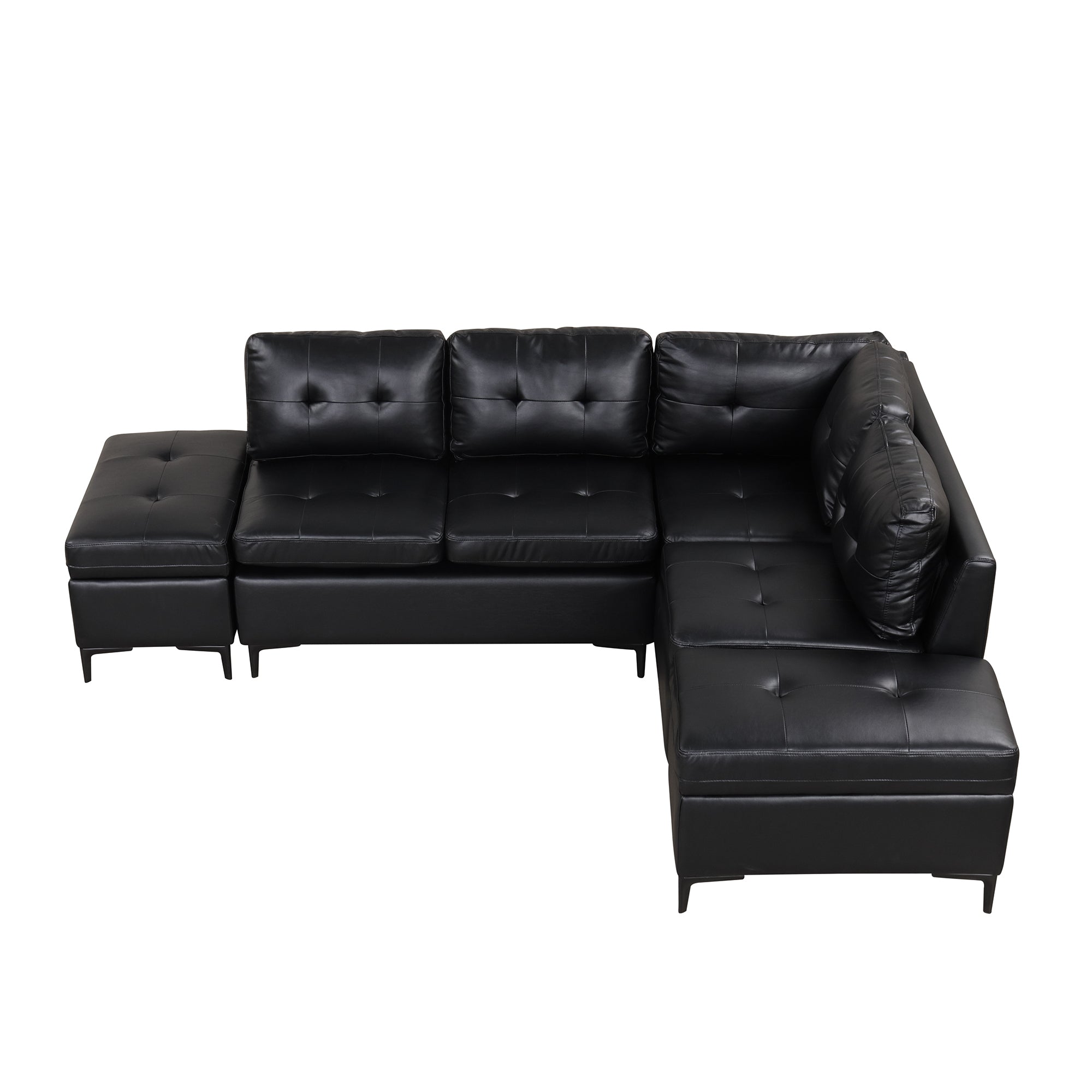 Black Faux Leather L-Shaped Sectional Sofa with Storage Ottomans-Stationary Sectionals-American Furniture Outlet