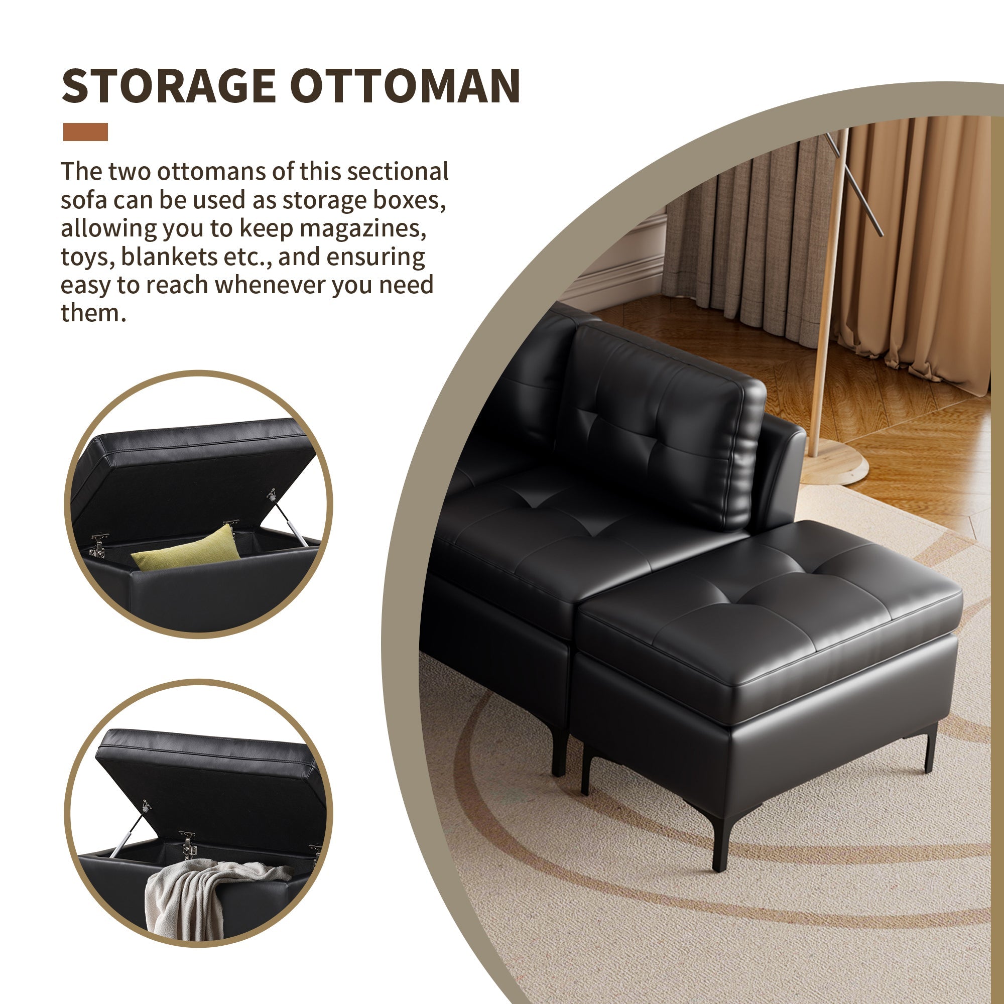 Black Faux Leather L-Shaped Sectional Sofa with Storage Ottomans-Stationary Sectionals-American Furniture Outlet