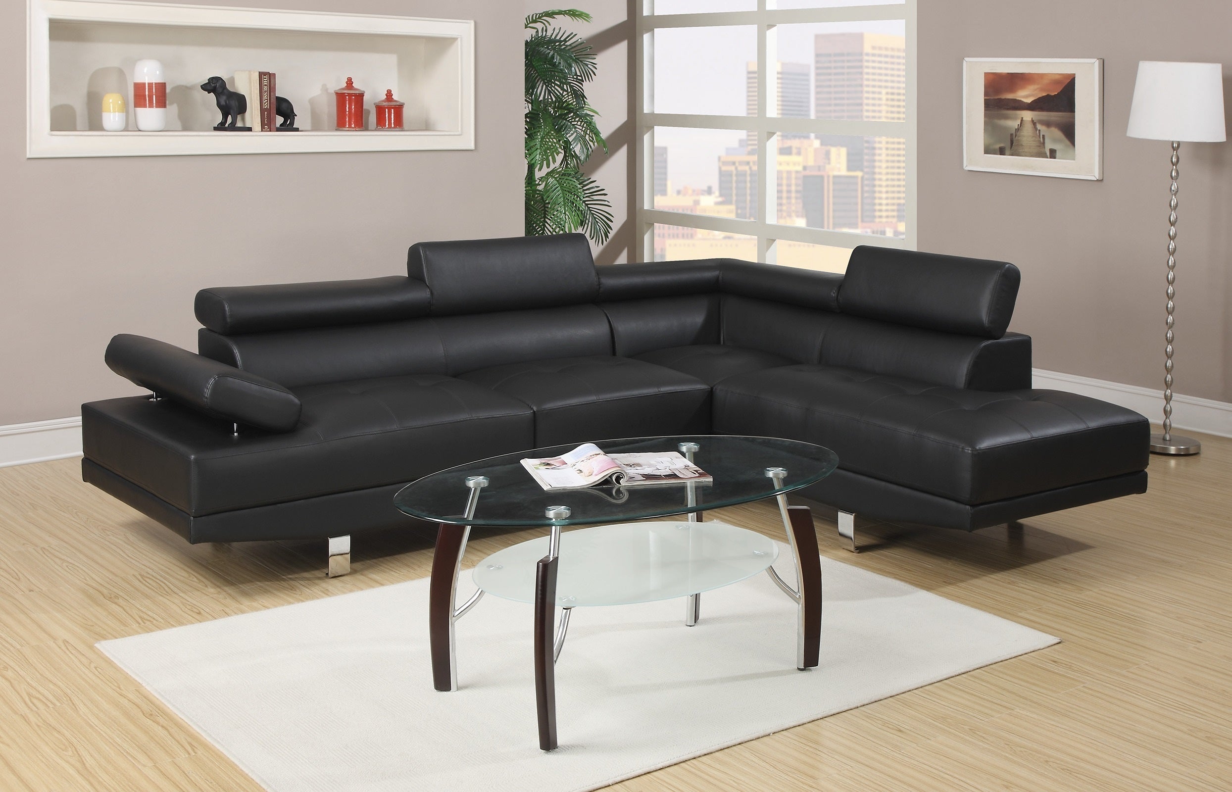 Black Faux Leather Sectional Sofa with Adjustable Headrests & Chaise-Stationary Sectionals-American Furniture Outlet