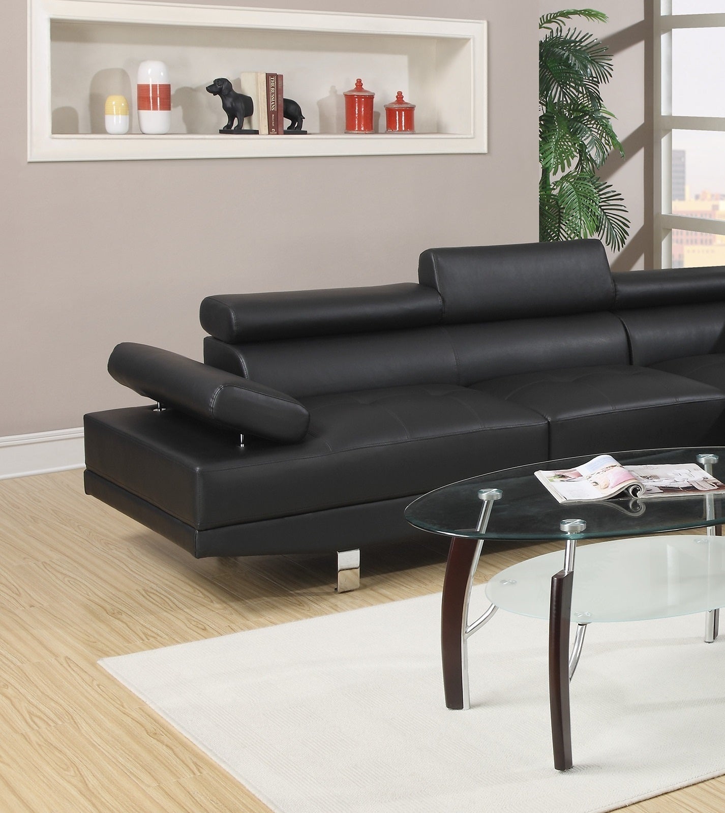 Black Faux Leather Sectional Sofa with Adjustable Headrests & Chaise-Stationary Sectionals-American Furniture Outlet