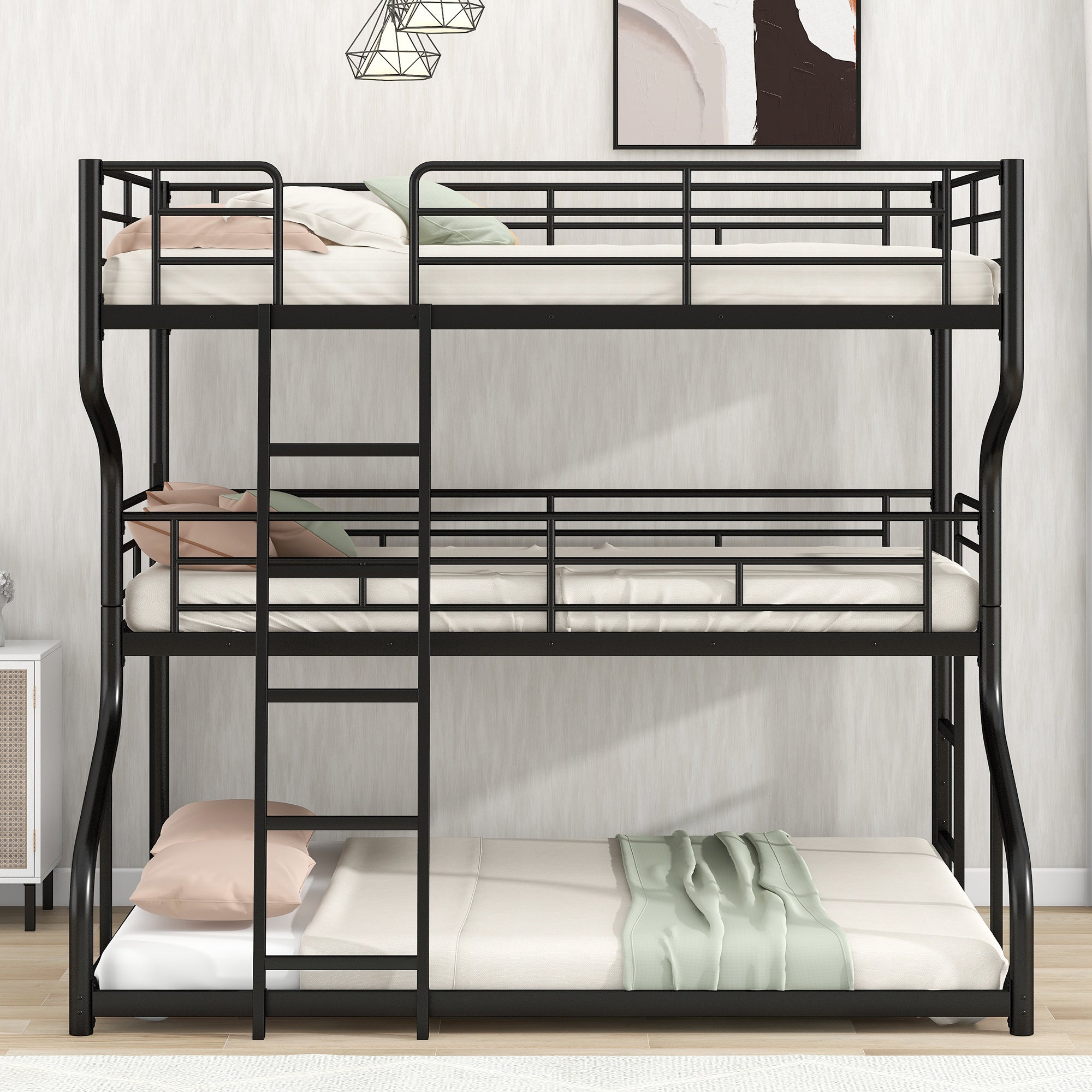 Black Full XL over Twin XL over Queen Size Triple Bunk Bed with Long and Short Ladder