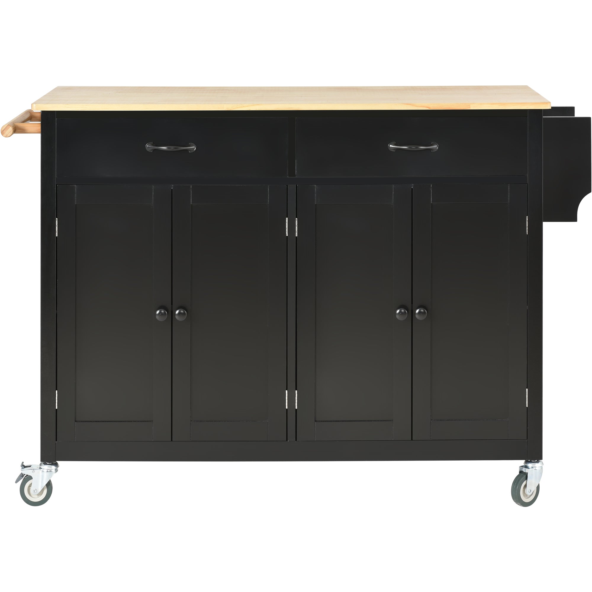 Black Kitchen Island Cart: Solid Wood Top, Locking Wheels, 54.3 Inch Width, 4 Door Cabinet, Two Drawers, Spice Rack, Towel Rack