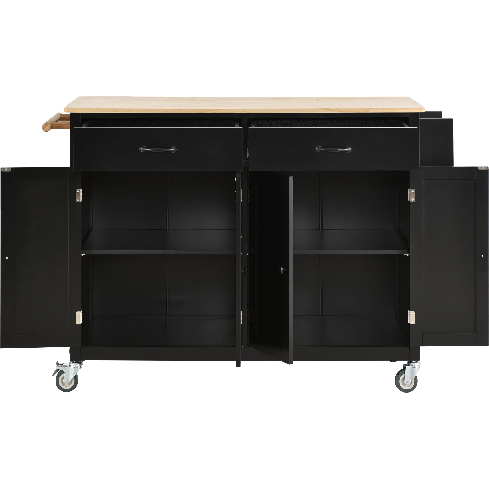 Black Kitchen Island Cart: Solid Wood Top, Locking Wheels, 54.3 Inch Width, 4 Door Cabinet, Two Drawers, Spice Rack, Towel Rack