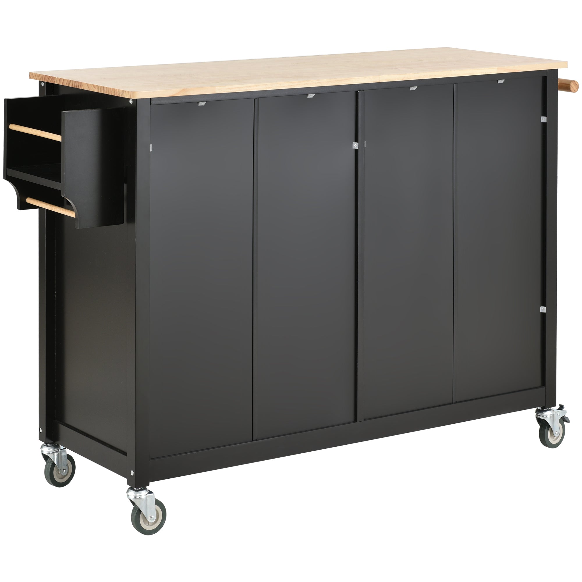 Black Kitchen Island Cart: Solid Wood Top, Locking Wheels, 54.3 Inch Width, 4 Door Cabinet, Two Drawers, Spice Rack, Towel Rack