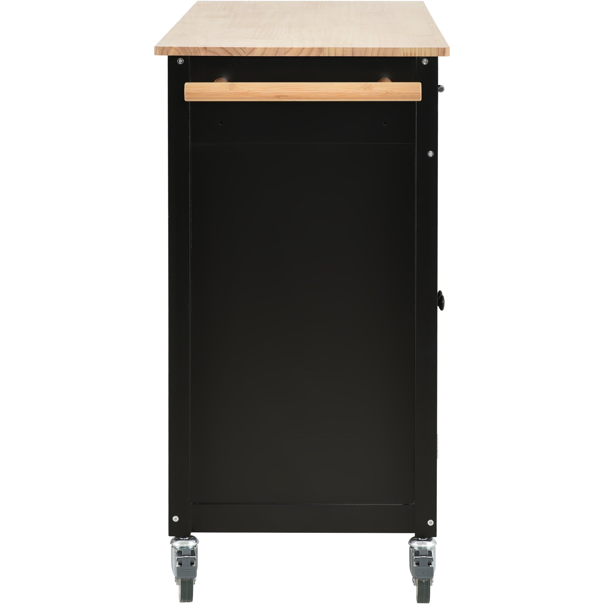 Black Kitchen Island Cart: Solid Wood Top, Locking Wheels, 54.3 Inch Width, 4 Door Cabinet, Two Drawers, Spice Rack, Towel Rack