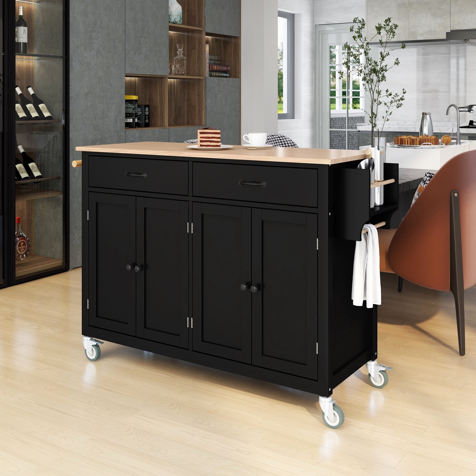 Black Kitchen Island Cart: Solid Wood Top, Locking Wheels, 54.3 Inch Width, 4 Door Cabinet, Two Drawers, Spice Rack, Towel Rack