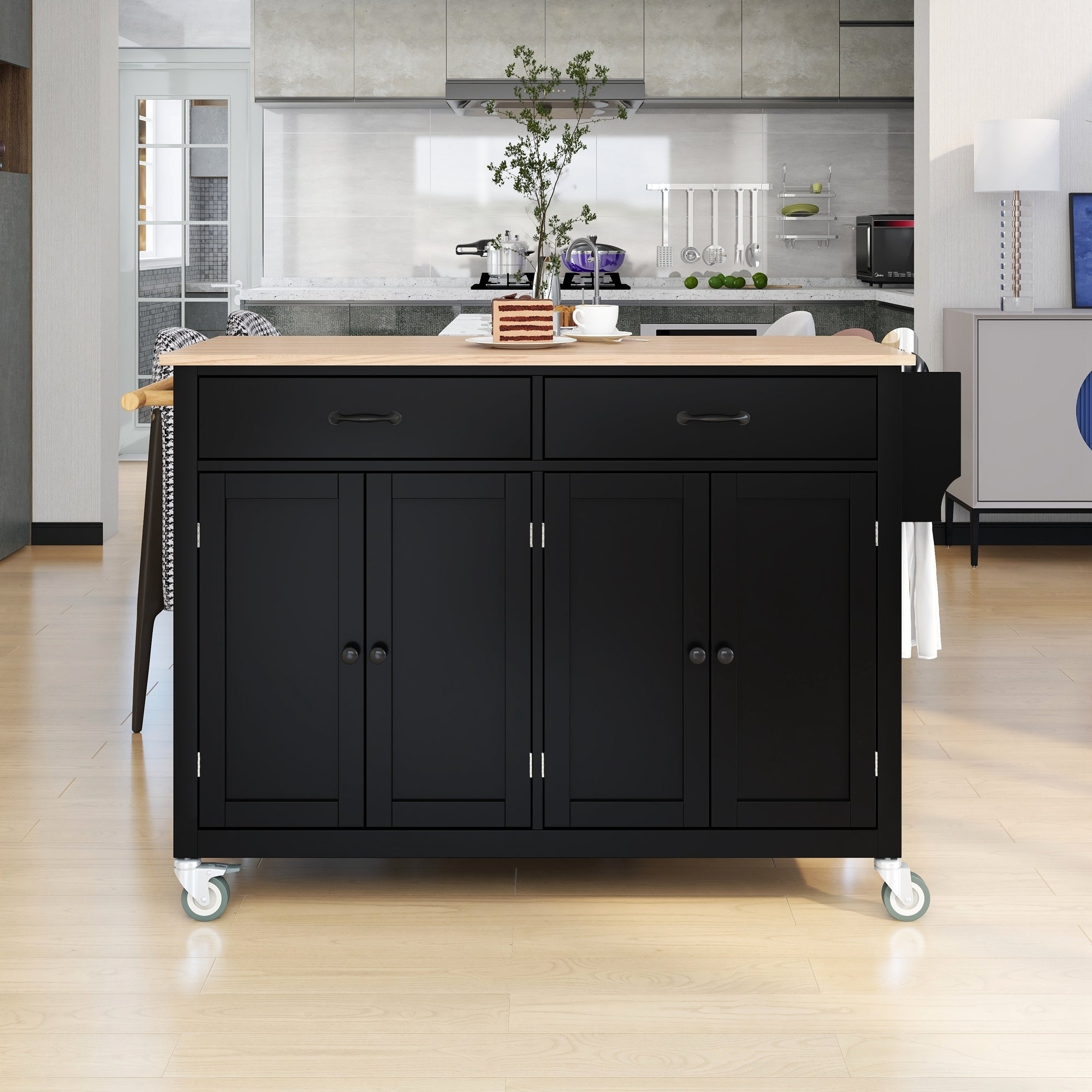 Black Kitchen Island Cart: Solid Wood Top, Locking Wheels, 54.3 Inch Width, 4 Door Cabinet, Two Drawers, Spice Rack, Towel Rack