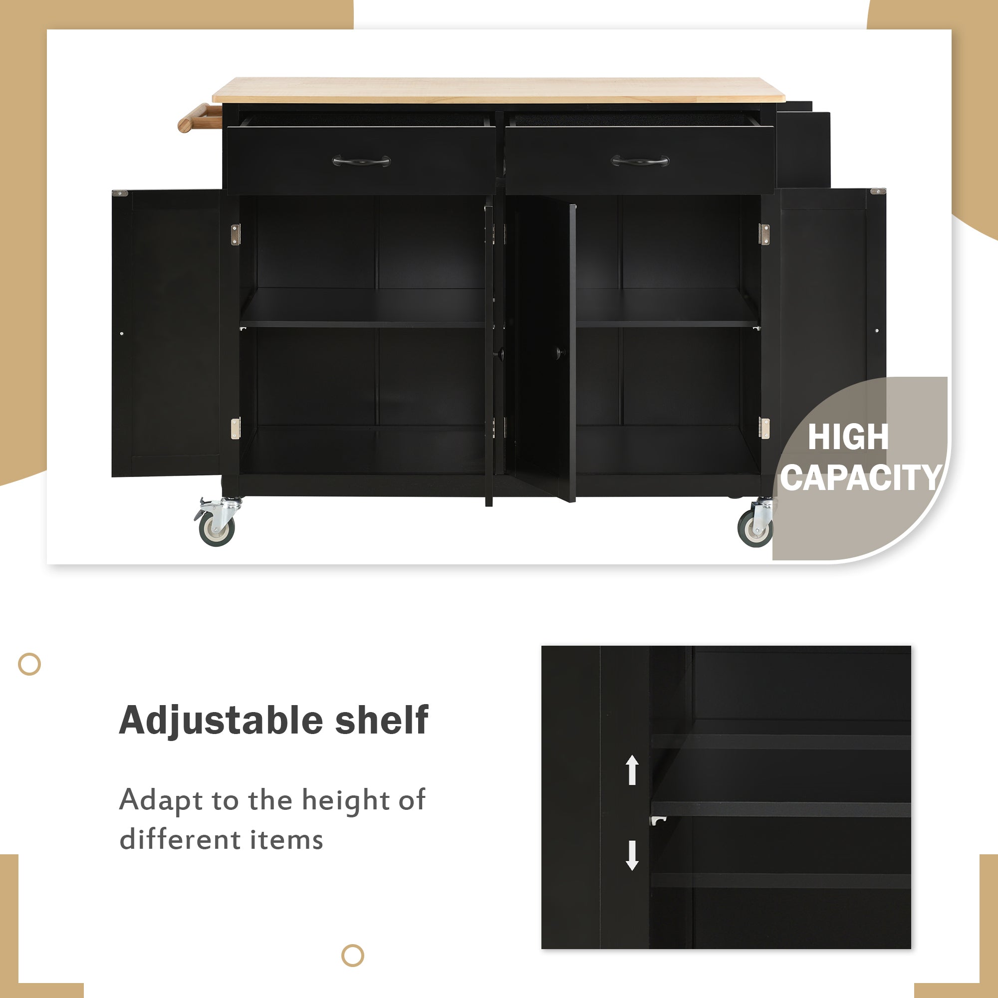 Black Kitchen Island Cart: Solid Wood Top, Locking Wheels, 54.3 Inch Width, 4 Door Cabinet, Two Drawers, Spice Rack, Towel Rack