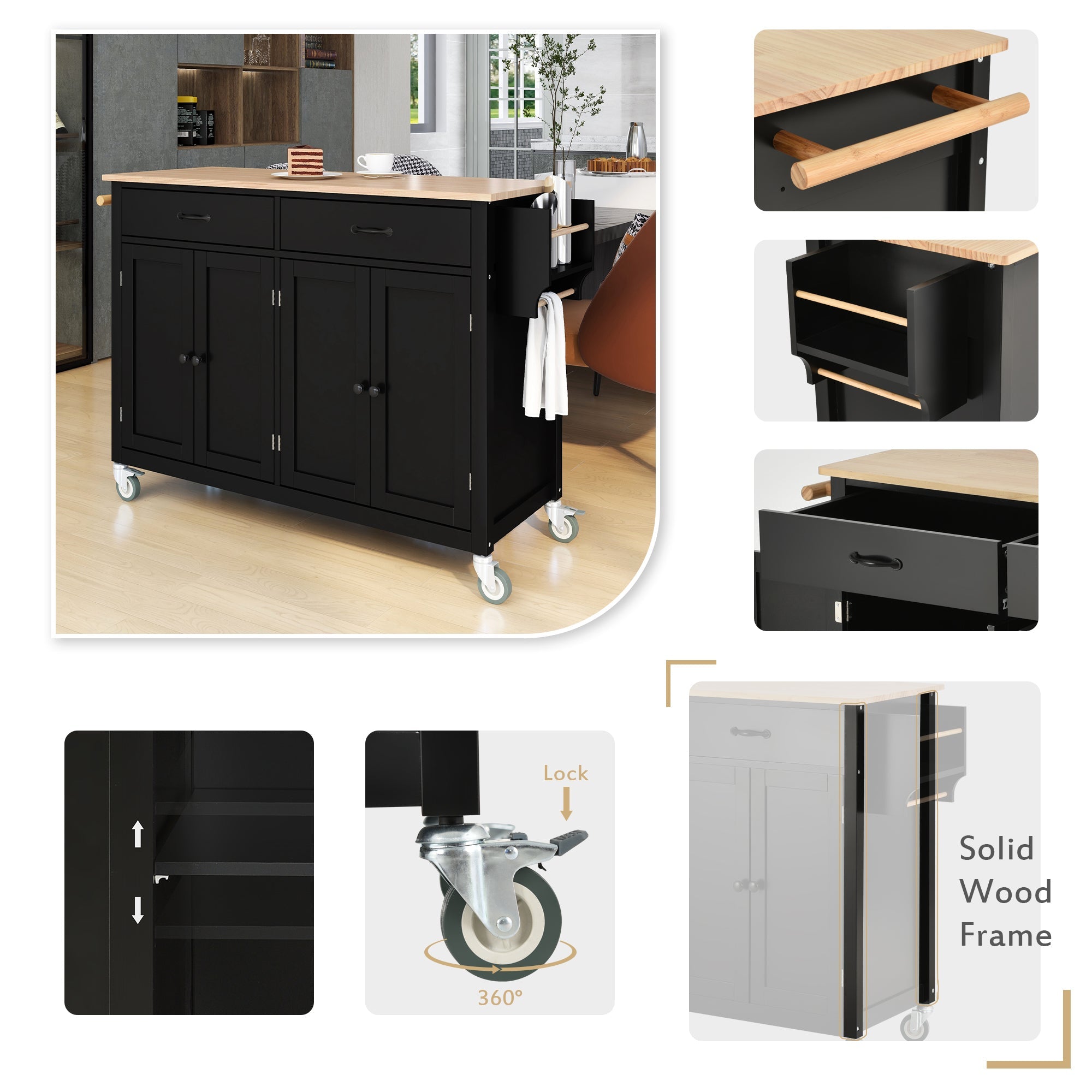 Black Kitchen Island Cart: Solid Wood Top, Locking Wheels, 54.3 Inch Width, 4 Door Cabinet, Two Drawers, Spice Rack, Towel Rack