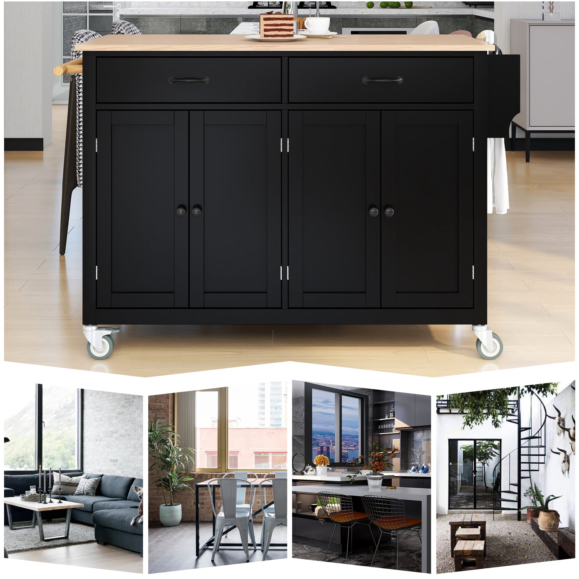 Black Kitchen Island Cart: Solid Wood Top, Locking Wheels, 54.3 Inch Width, 4 Door Cabinet, Two Drawers, Spice Rack, Towel Rack