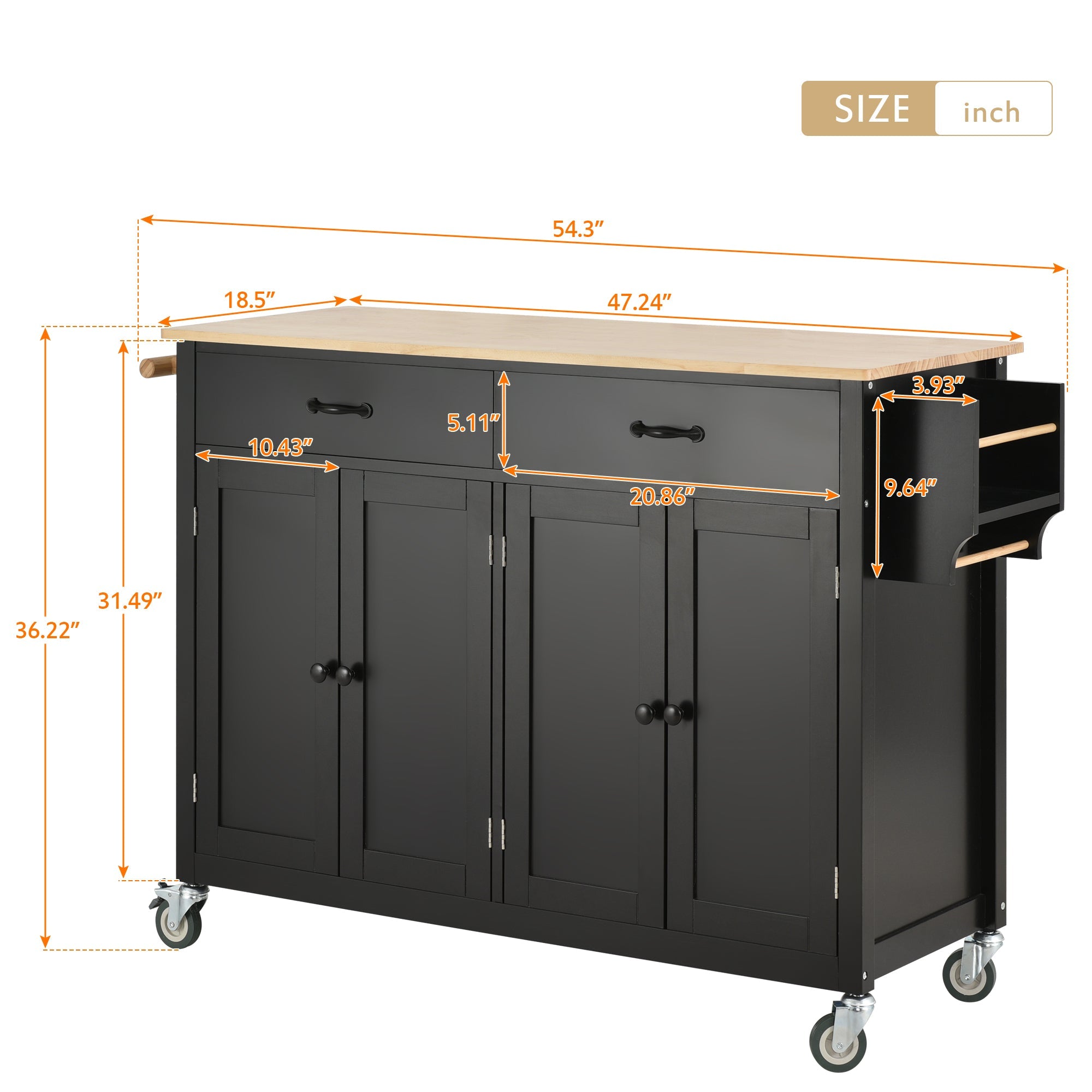 Black Kitchen Island Cart: Solid Wood Top, Locking Wheels, 54.3 Inch Width, 4 Door Cabinet, Two Drawers, Spice Rack, Towel Rack