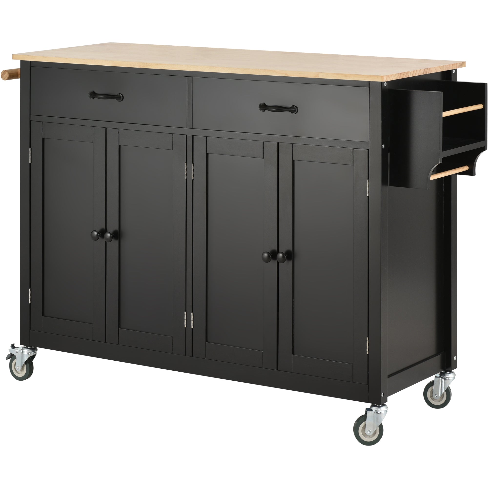 Black Kitchen Island Cart: Solid Wood Top, Locking Wheels, 54.3 Inch Width, 4 Door Cabinet, Two Drawers, Spice Rack, Towel Rack