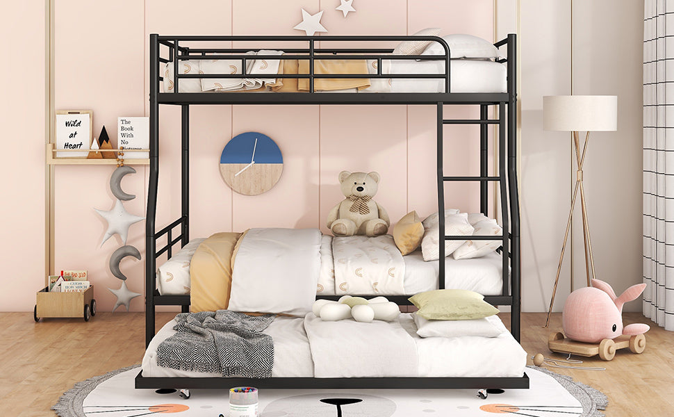 Black Metal Bunk Bed: Full XL Over Queen w/Trundle - Space-Saving Sleep