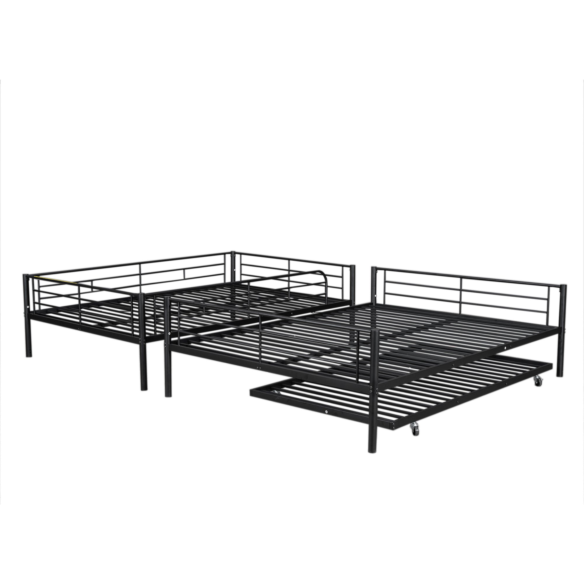 Black Metal Bunk Bed: Full XL Over Queen w/Trundle - Space-Saving Sleep