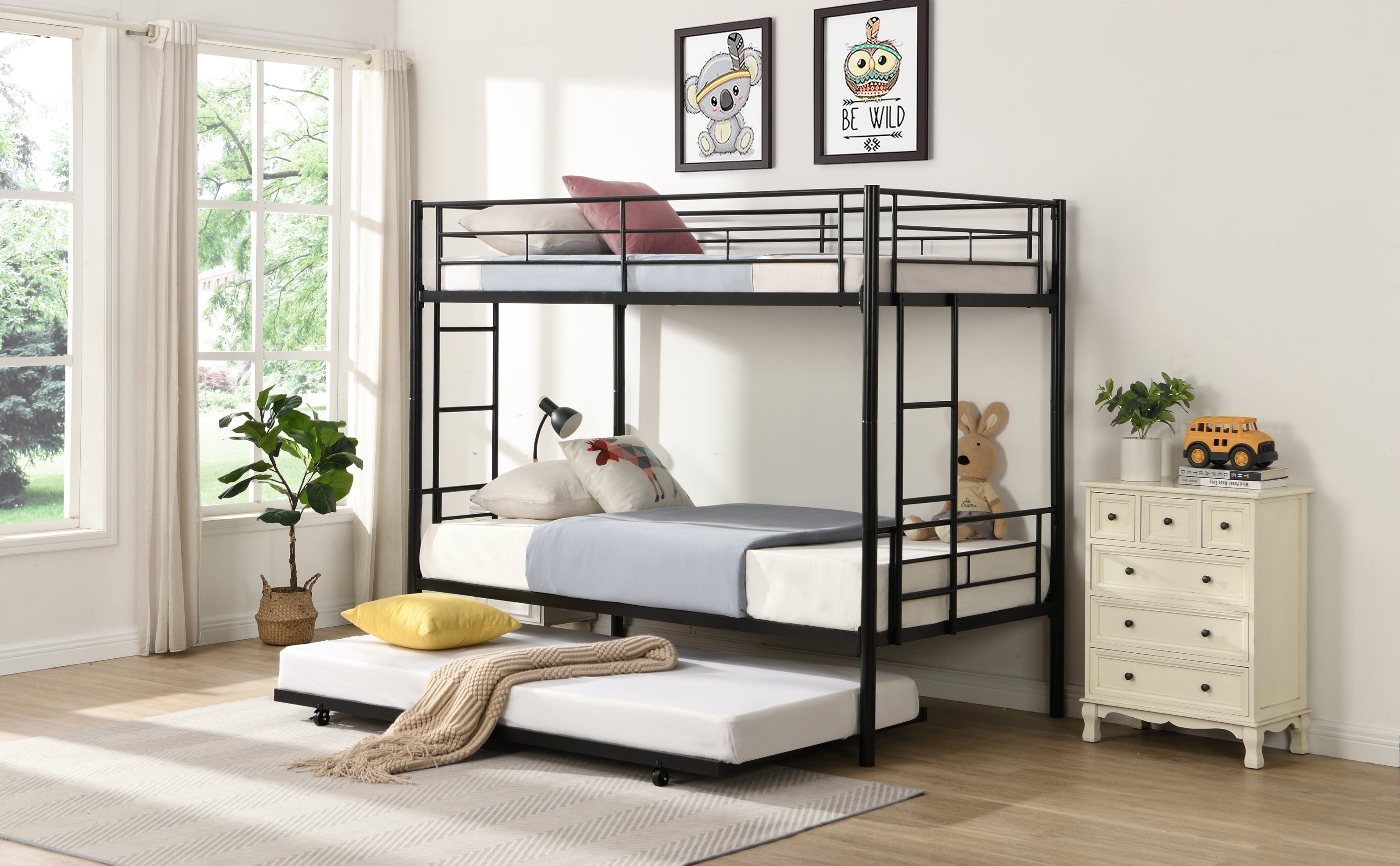 Black Metal Twin Bunk Bed with Trundle, Sturdy Guard Rail, 2 Ladders - Divisible into Two Beds - No Box Spring Needed - Noise-Free - Ideal for Kids/Adults in Dorms