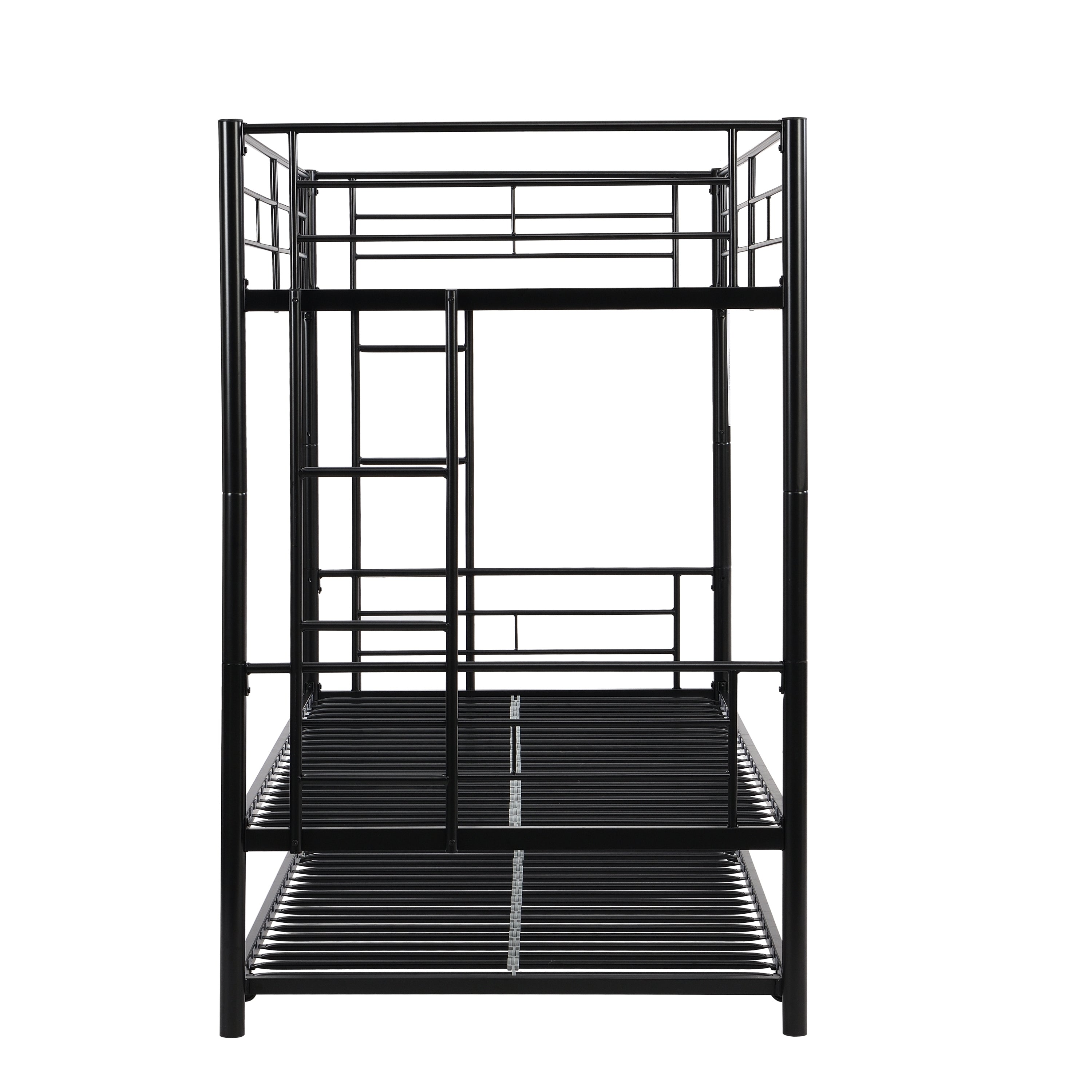 Black Metal Twin Bunk Bed with Trundle, Sturdy Guard Rail, 2 Ladders - Divisible into Two Beds - No Box Spring Needed - Noise-Free - Ideal for Kids/Adults in Dorms