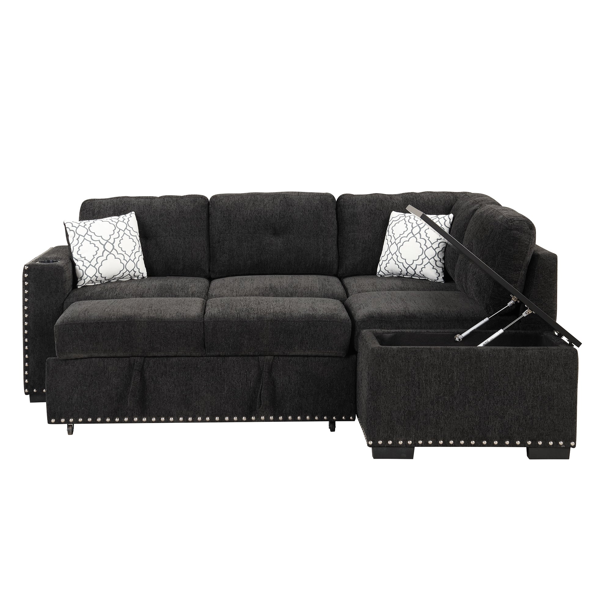 Black Modern L-Shaped Sectional Sofa Bed with Storage, USB & Cup Holder-Sleeper Sectionals-American Furniture Outlet