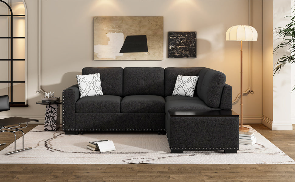 Black Modern L-Shaped Sectional Sofa Bed with Storage, USB & Cup Holder-Sleeper Sectionals-American Furniture Outlet