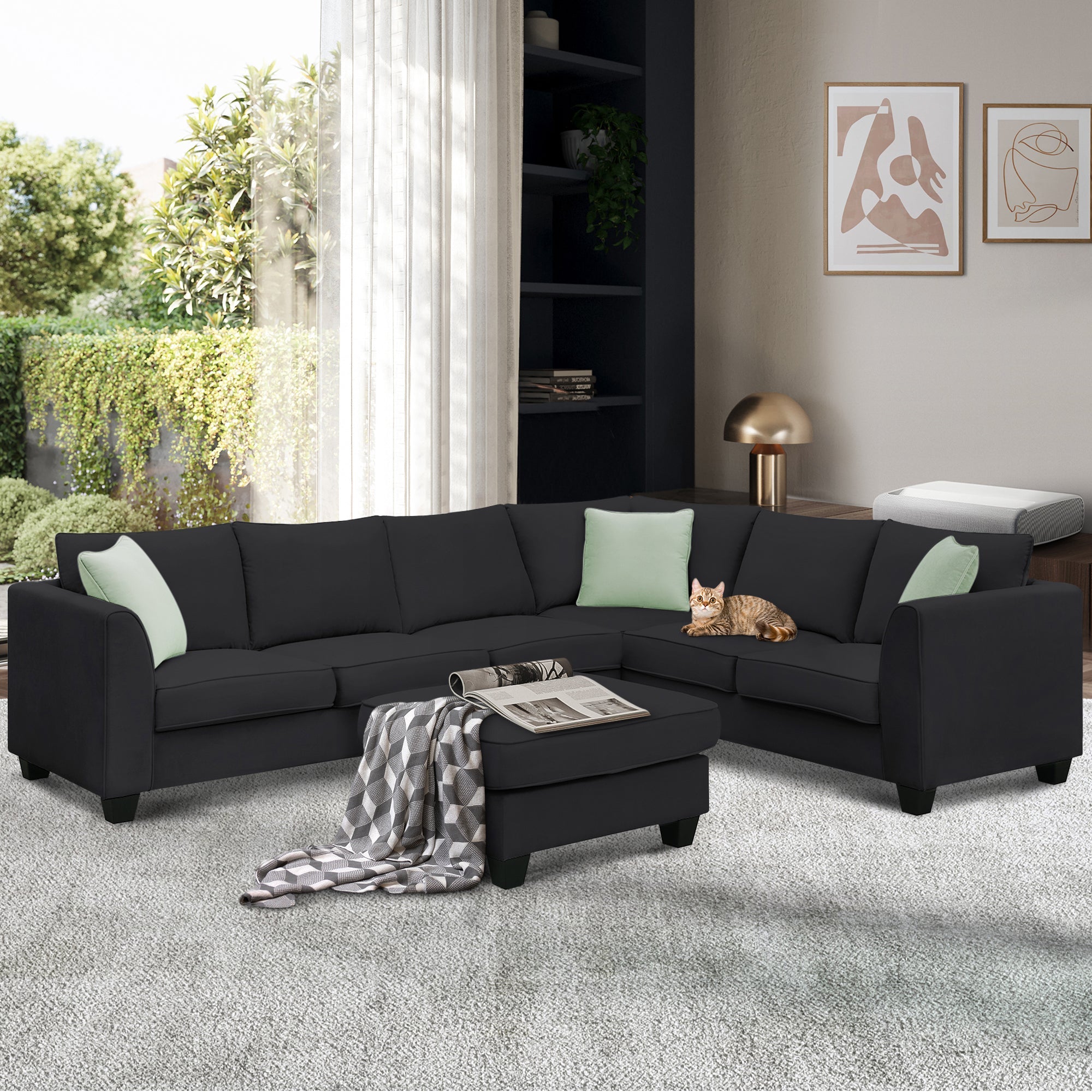 Black Modular Sectional Sofa w/ Storage Ottoman-Stationary Sectionals-American Furniture Outlet