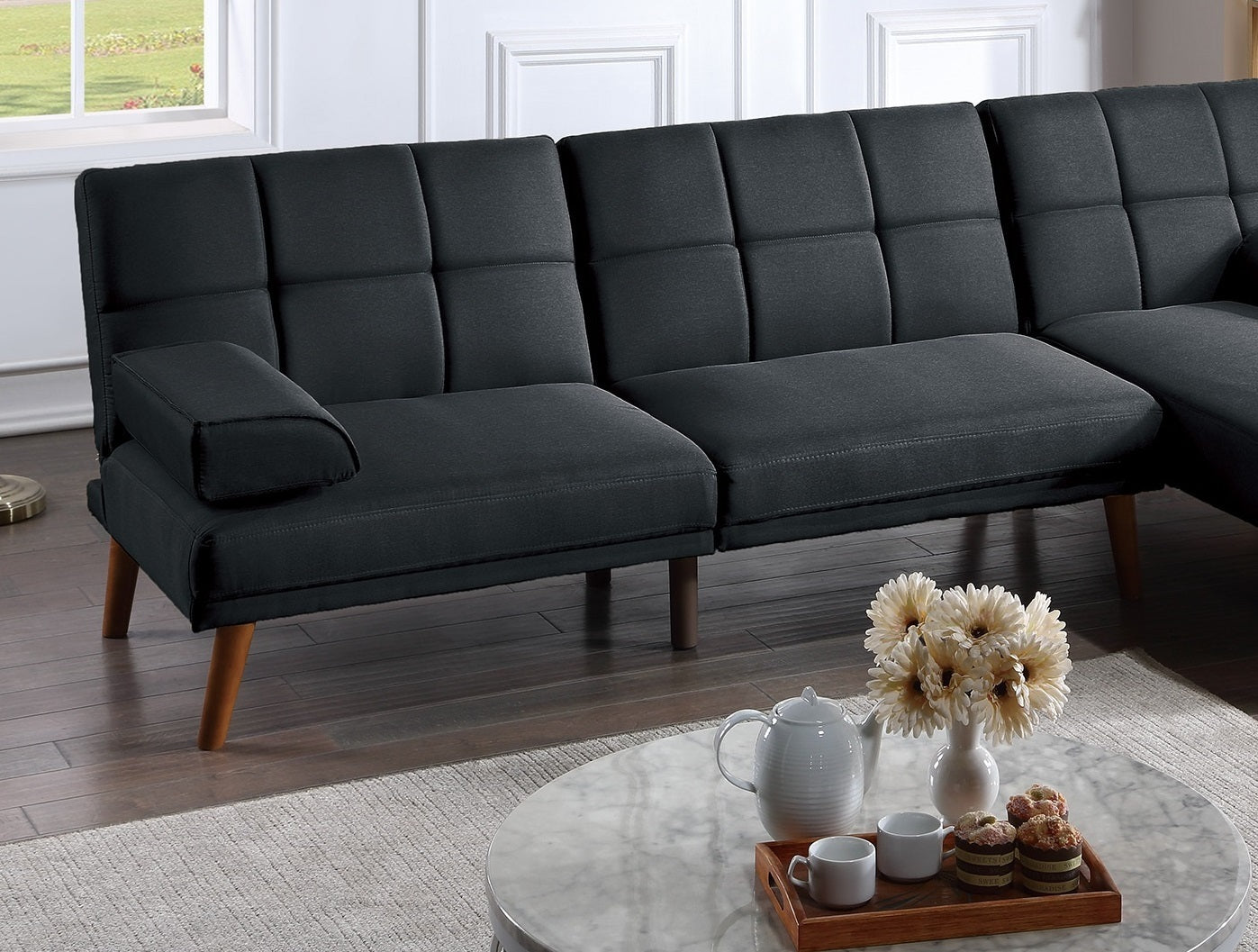 Black Polyfiber 2-Piece Sectional Sofa Set w/ Adjustable Chaise & Tufted Cushions-Stationary Sectionals-American Furniture Outlet