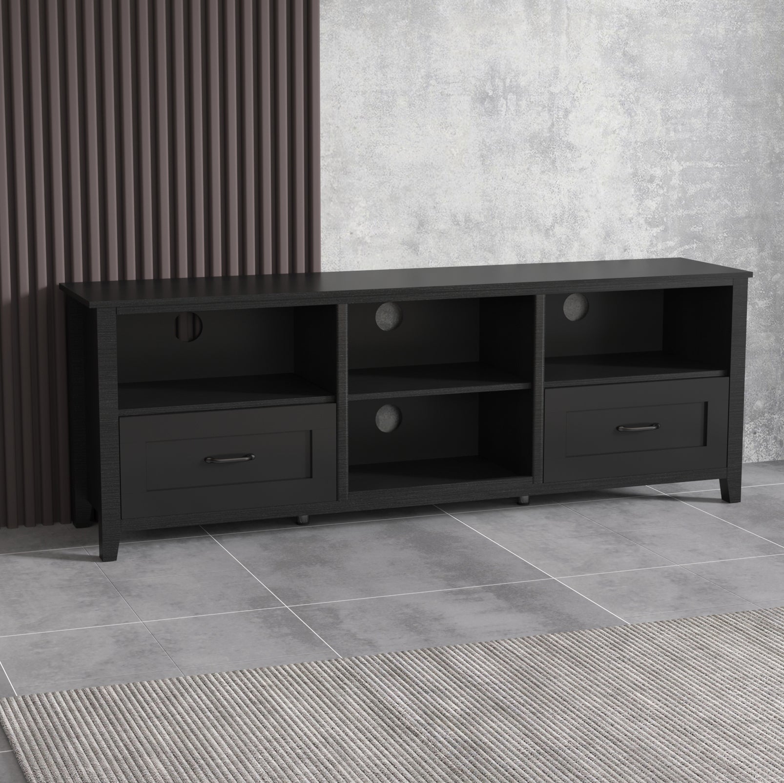Black TV Stand for Living Room and Bedroom | 2 Drawers, 4 High-Capacity Storage Compartments | Stylish & Functional