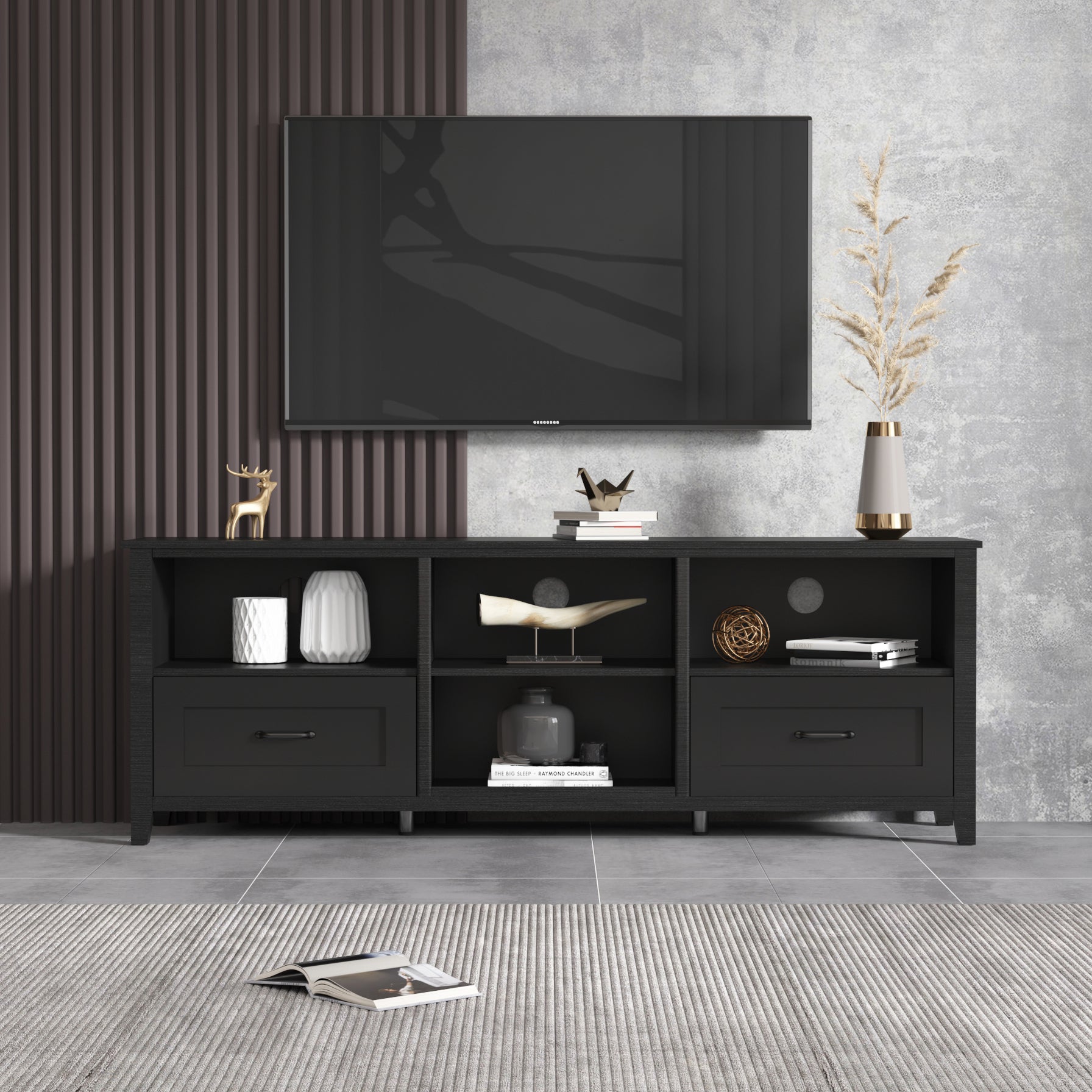 Black TV Stand for Living Room and Bedroom | 2 Drawers, 4 High-Capacity Storage Compartments | Stylish & Functional