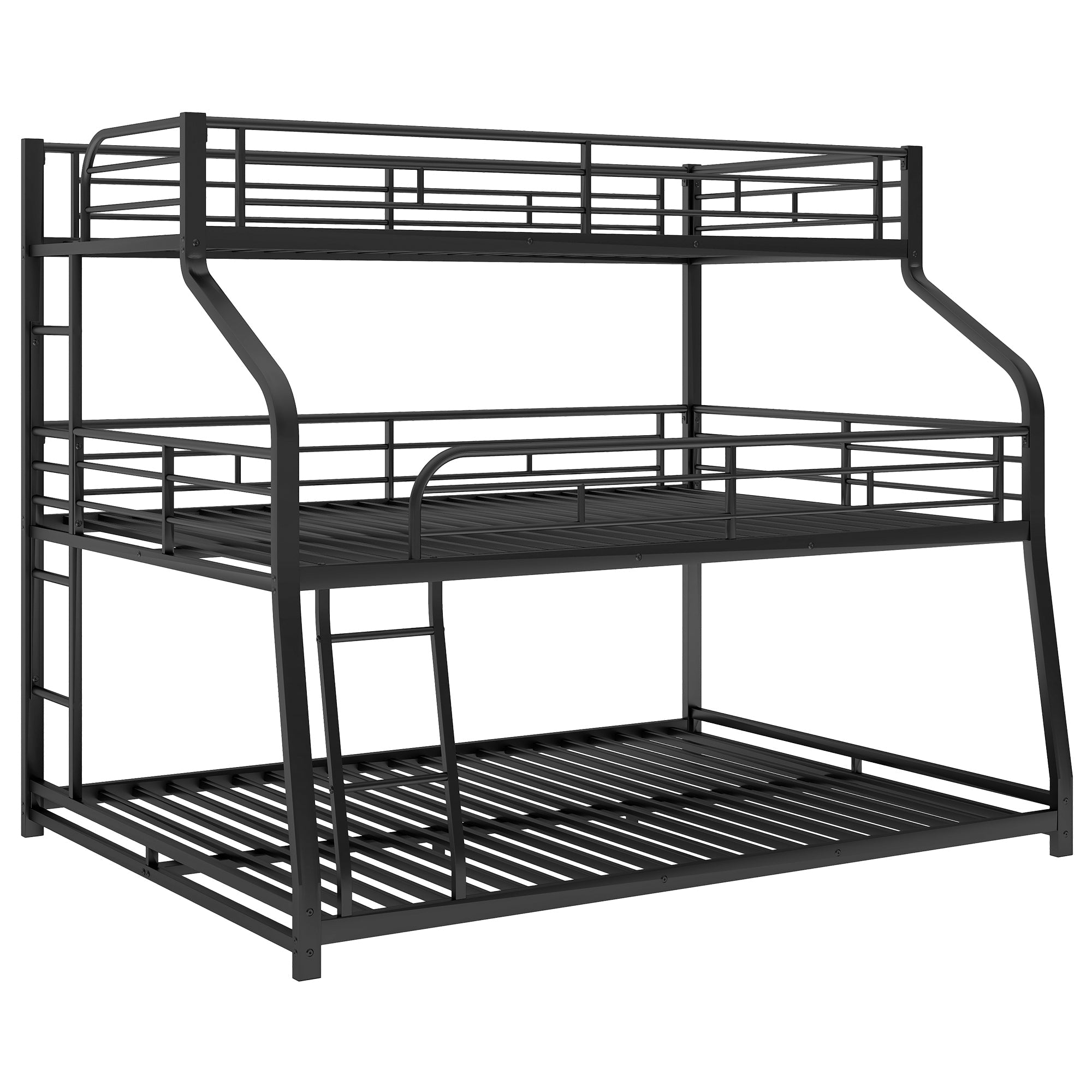 Black Twin XL/Full XL Over Queen Triple Bunk Bed with Long and Short Ladder and Full-Length Guardrails