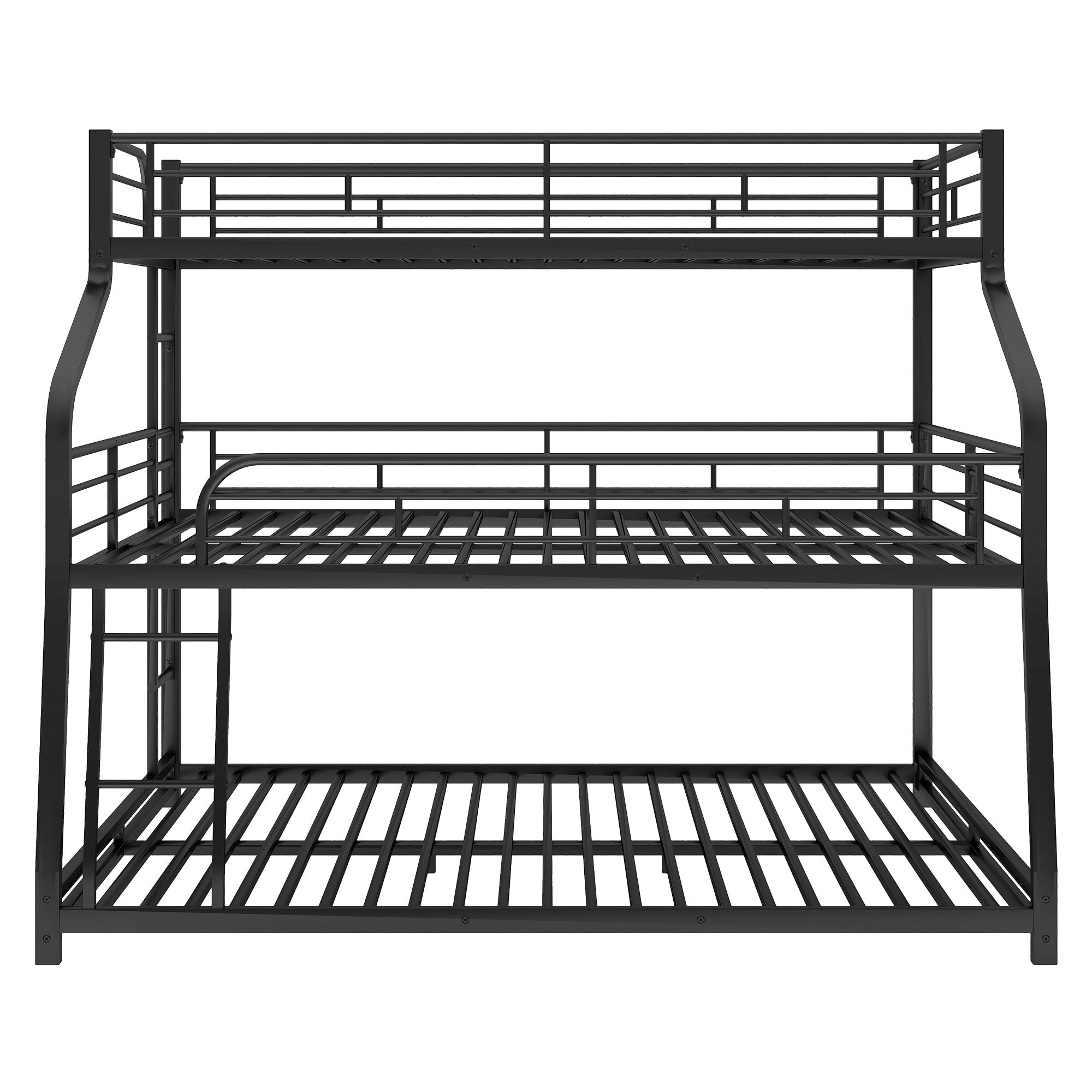 Black Twin XL/Full XL Over Queen Triple Bunk Bed with Long and Short Ladder and Full-Length Guardrails