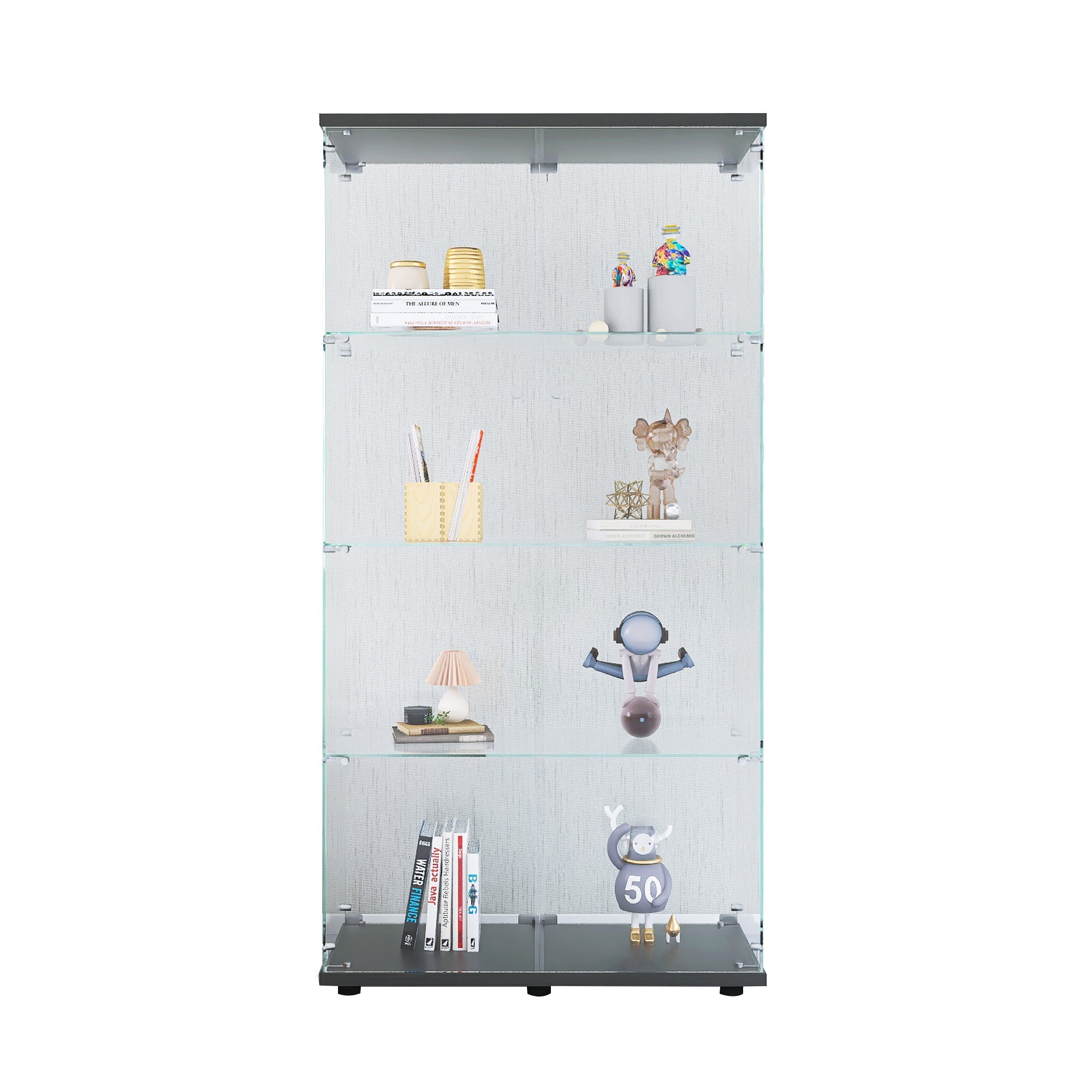 Black Two-Door Glass Display Cabinet: 4-Shelf Floor Standing Curio Bookshelf for Living Room, Bedroom, Office