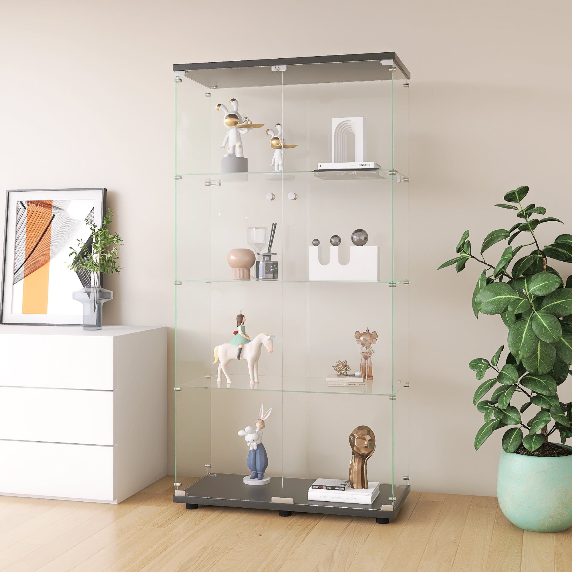 Black Two-Door Glass Display Cabinet: 4-Shelf Floor Standing Curio Bookshelf for Living Room, Bedroom, Office