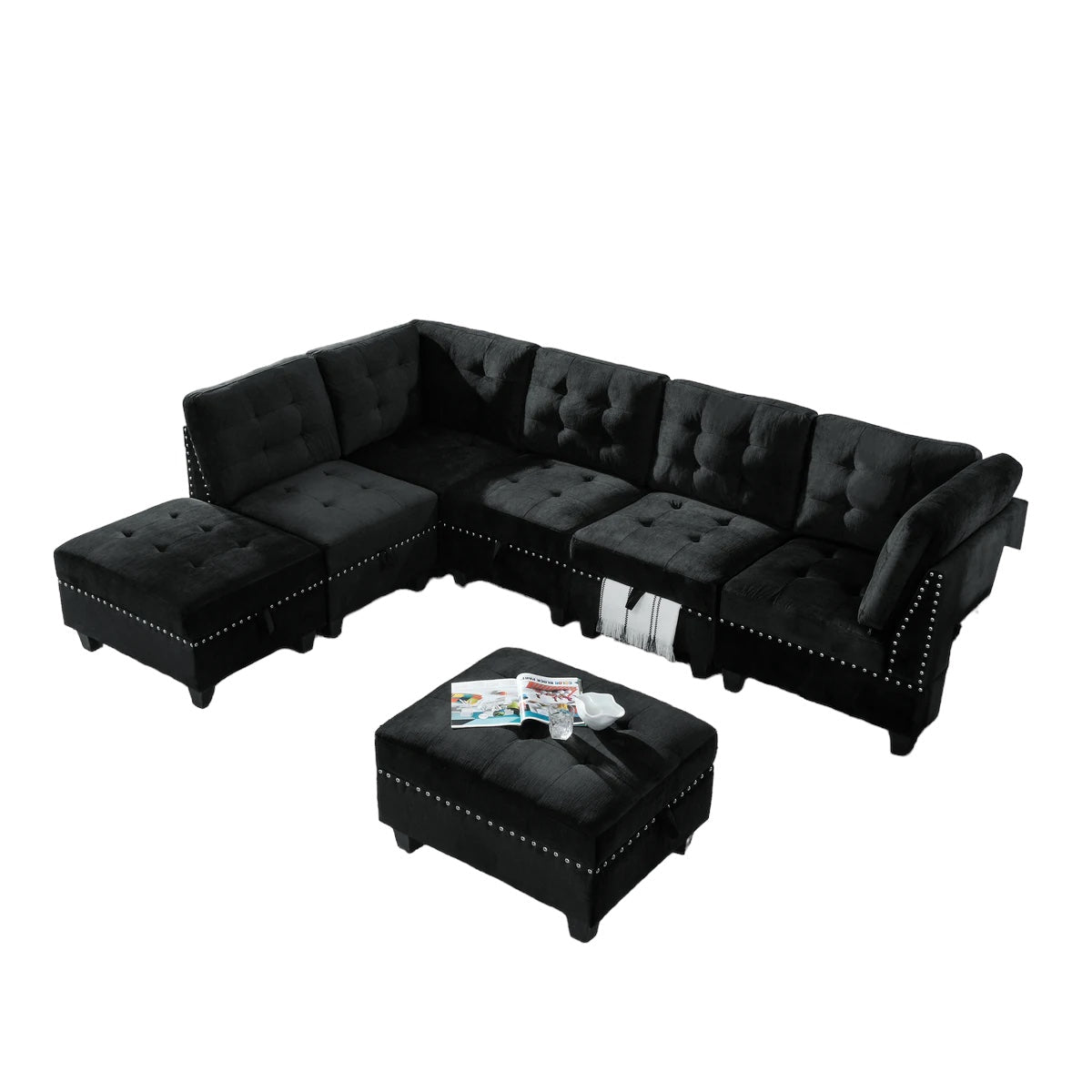 Black Velvet L-Shape Sectional Sofa with Ottomans - DIY Modular Sofa-Stationary Sectionals-American Furniture Outlet