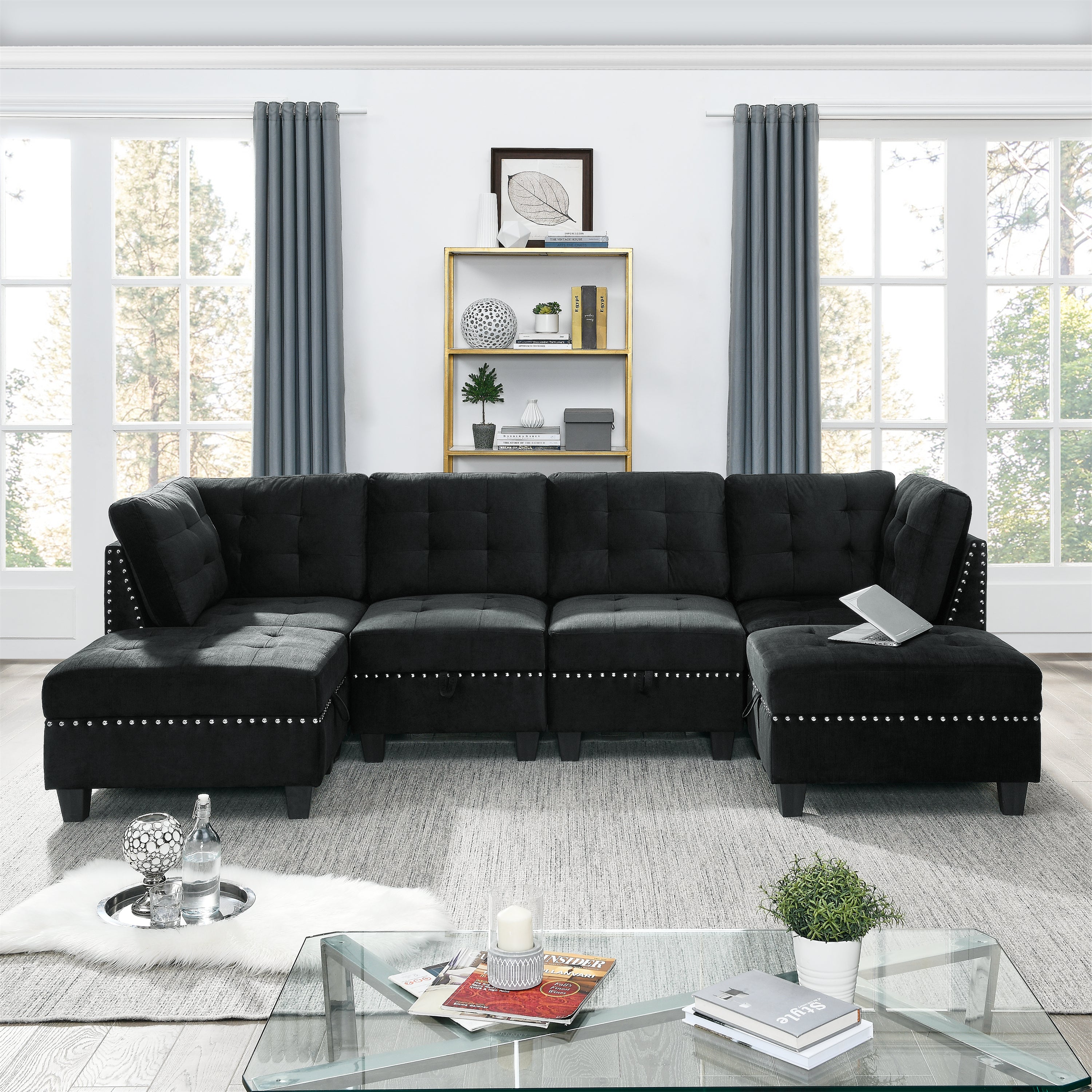 Black Velvet U-Shape Sectional Sofa with Ottomans - DIY Modular-Stationary Sectionals-American Furniture Outlet