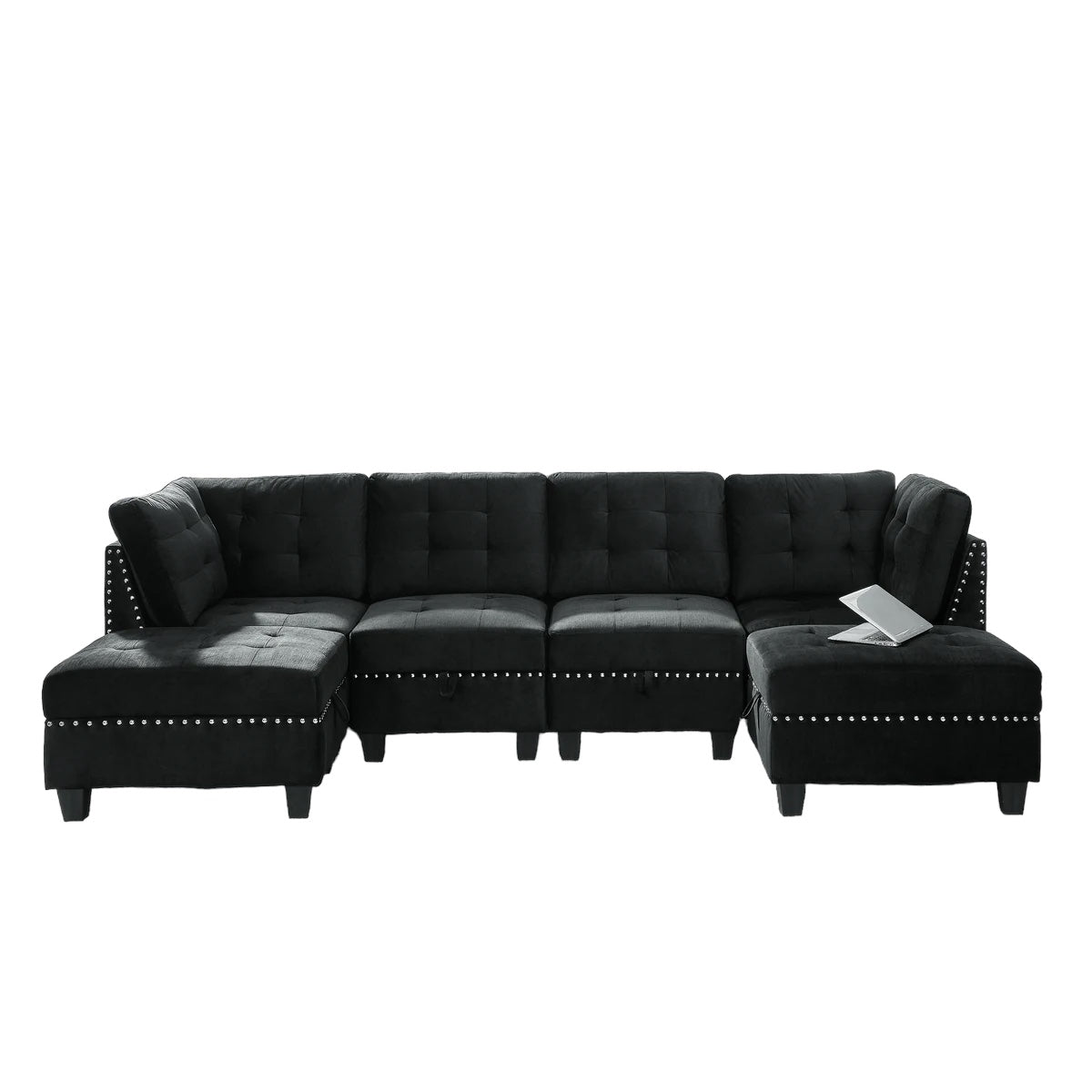 Black Velvet U-Shape Sectional Sofa with Ottomans - DIY Modular-Stationary Sectionals-American Furniture Outlet